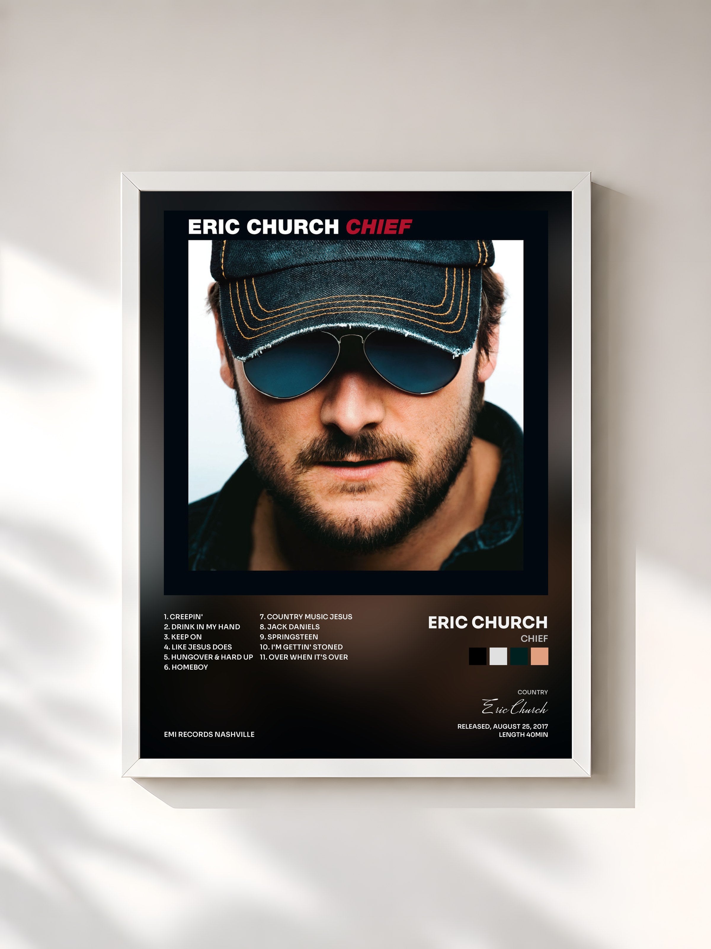 #blanc Tableau de l'album Chief de Eric Church, cadre blanc, imprimé et encadré en France