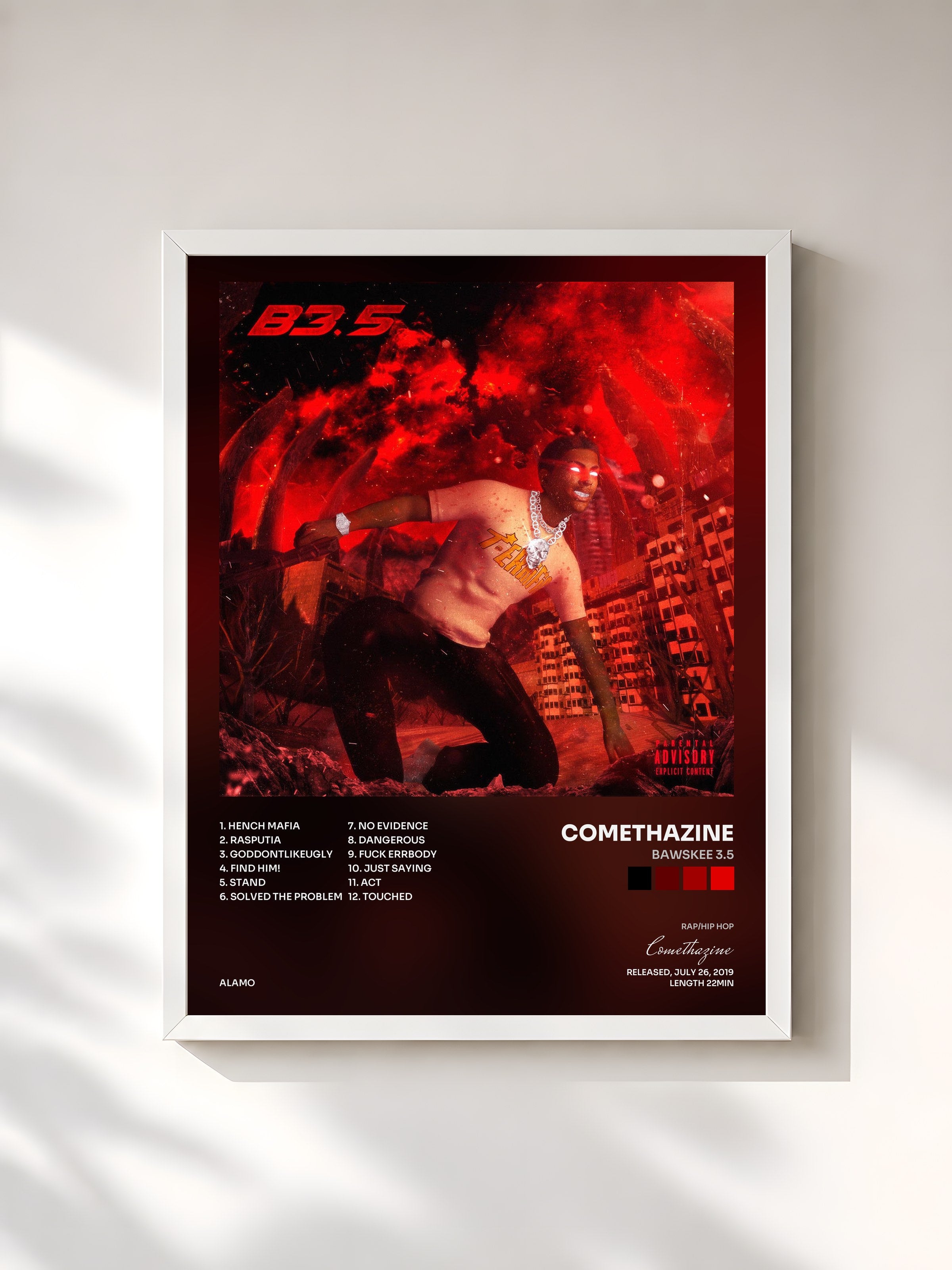 #blanc Tableau de l'album BAWSKEE 3.5 de Comethazine, cadre blanc, imprimé et encadré en France