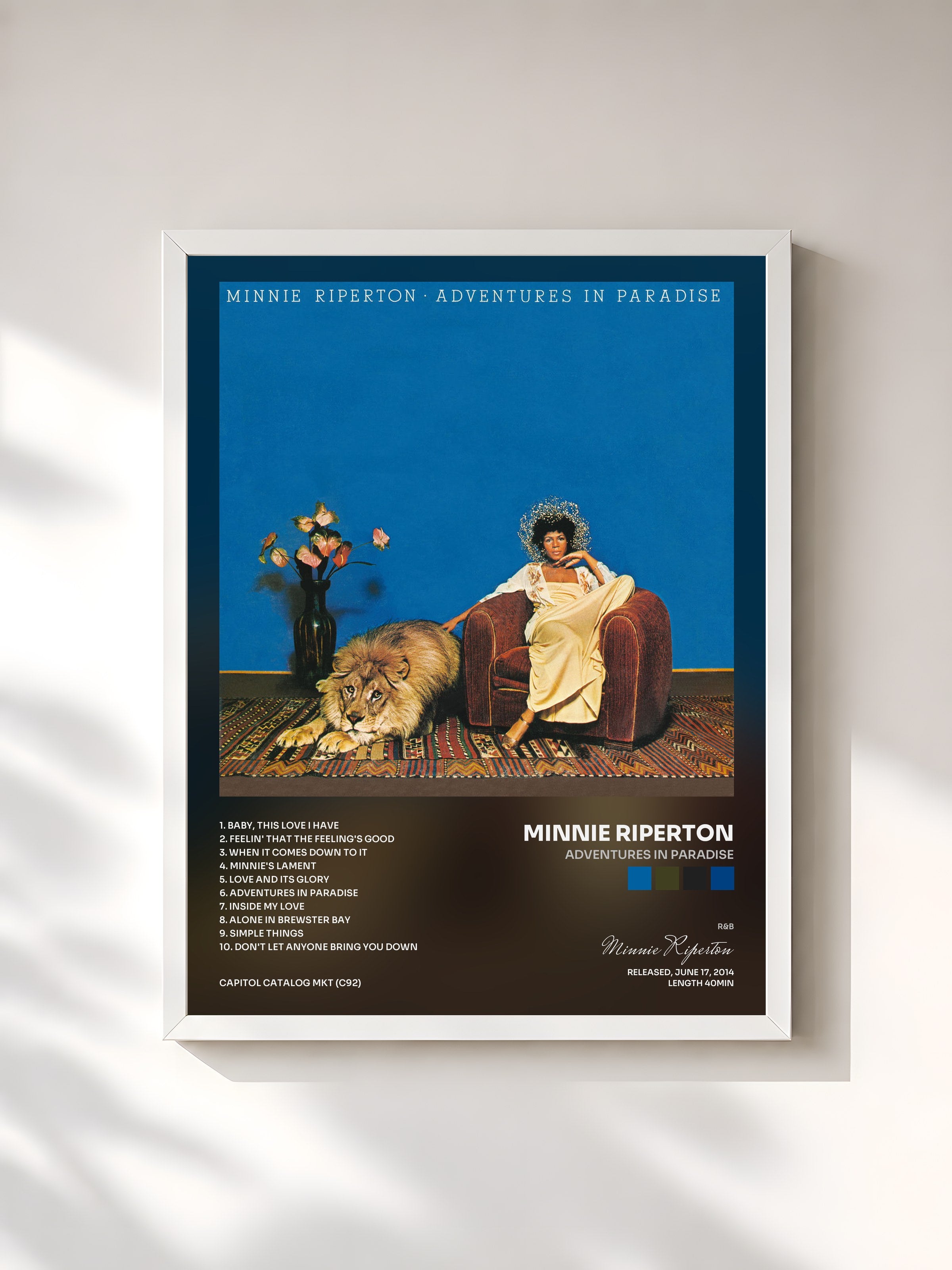 #blanc Tableau de l'album Adventures In Paradise de Minnie Riperton, cadre blanc, imprimé et encadré en France