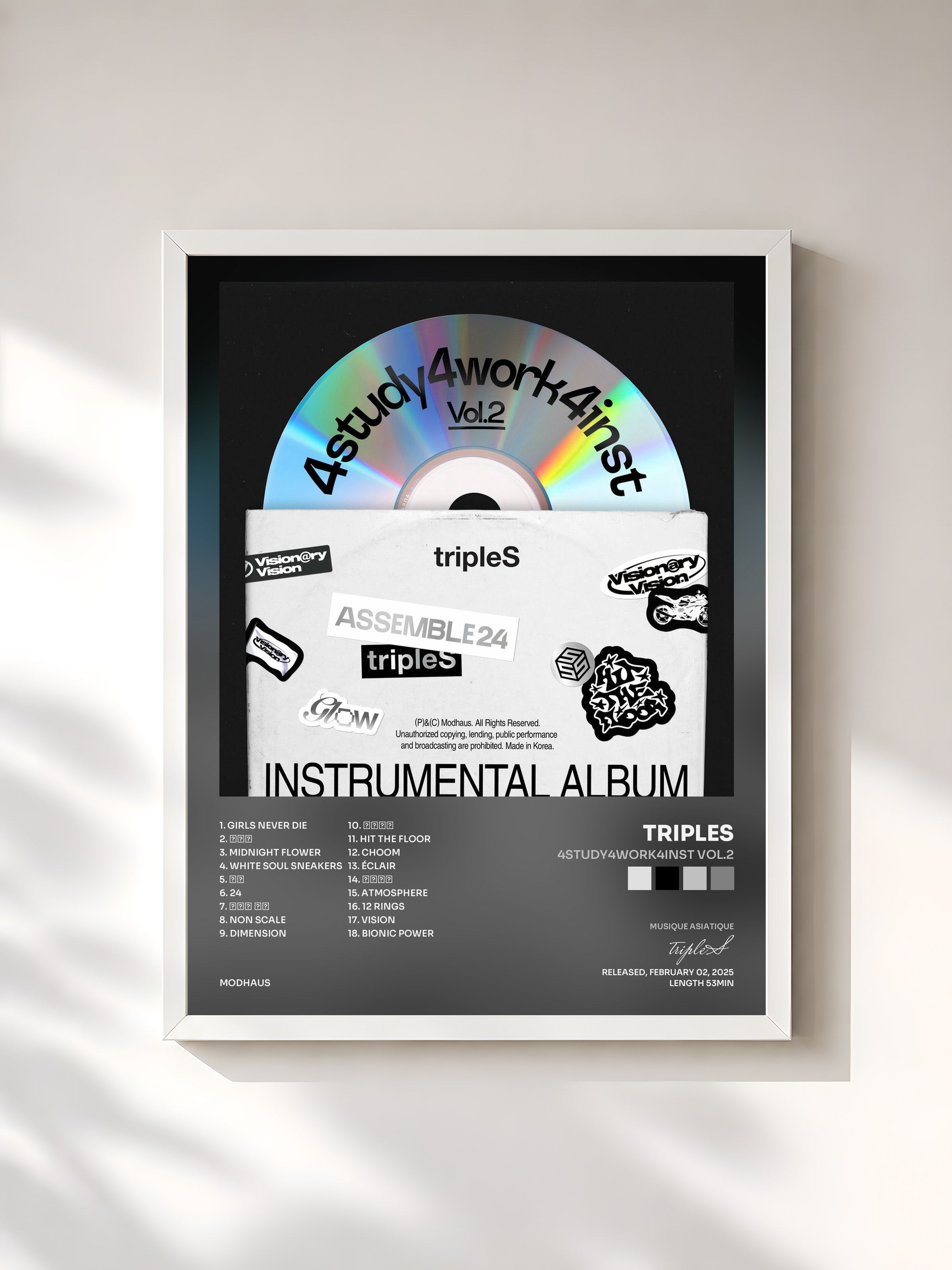 #blanc Tableau de l'album 4study4work4inst Vol.2 de tripleS, cadre blanc, imprimé et encadré en France