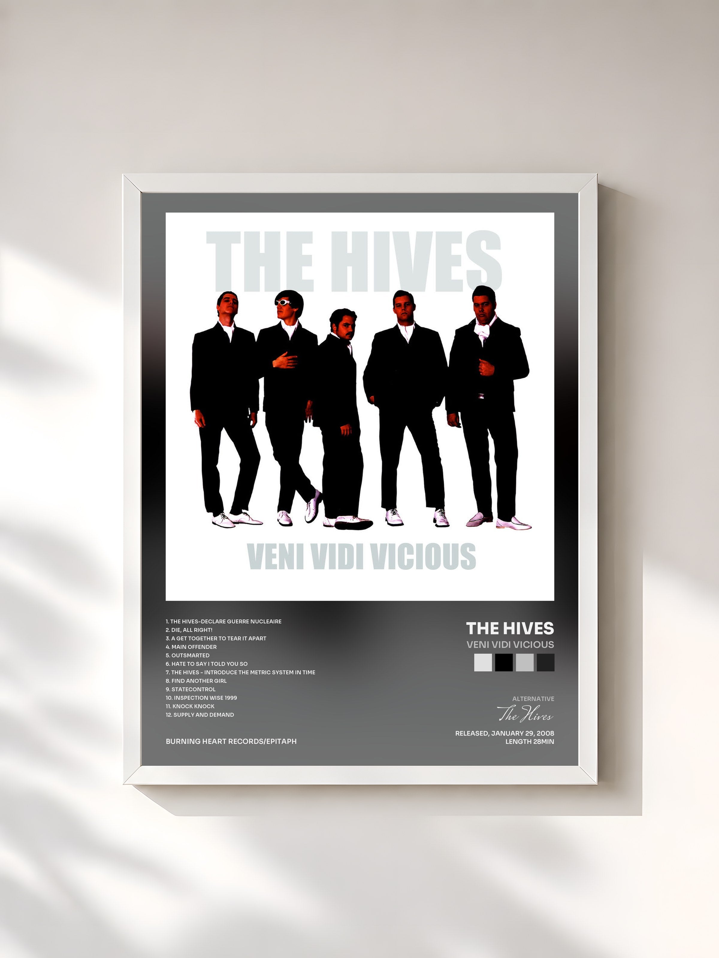 #blanc Tableau de l'album Veni Vidi Vicious de The Hives, cadre blanc, imprimé et encadré en France