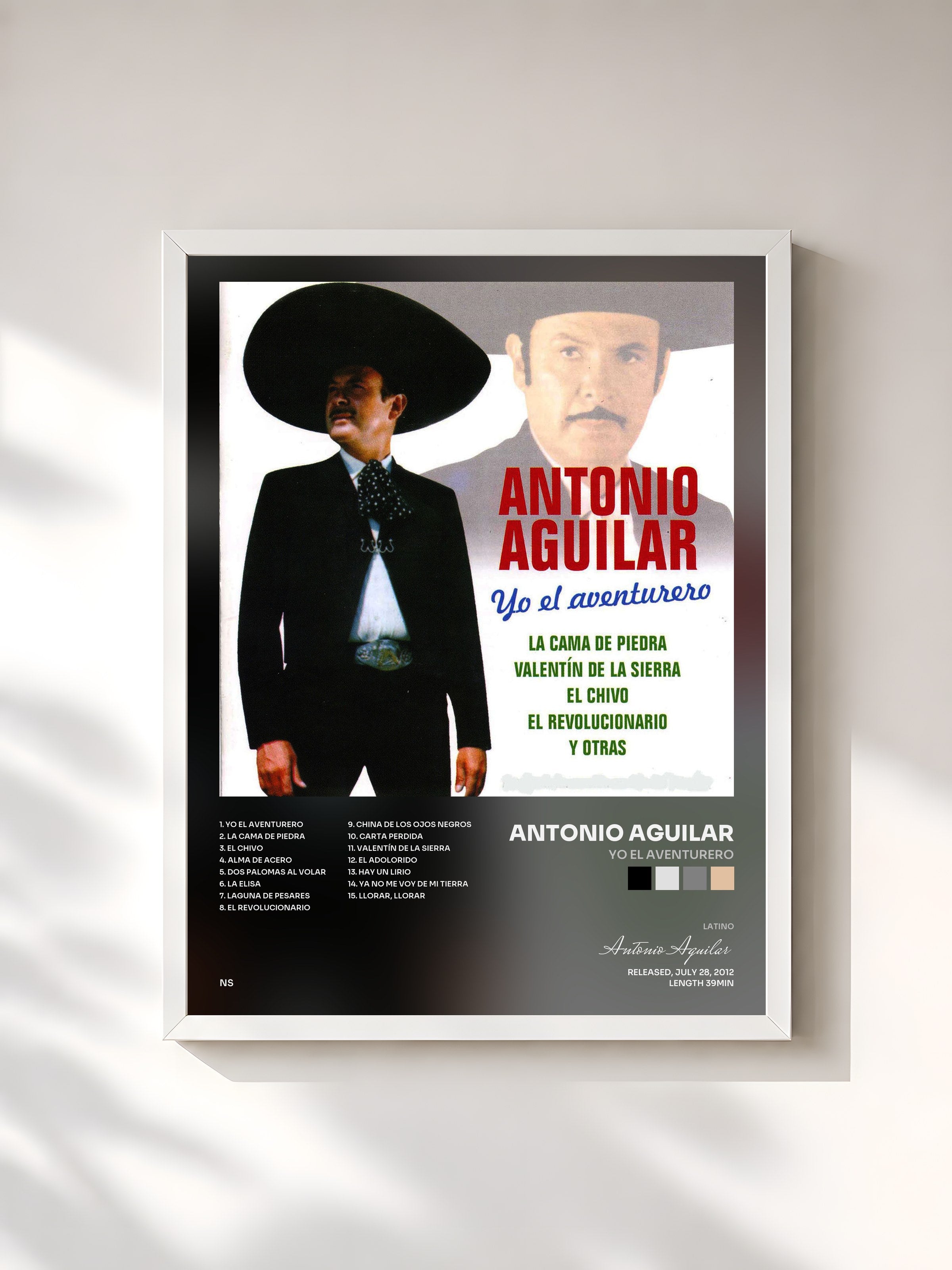 #blanc Tableau de l'album Yo el Aventurero de Antonio Aguilar, cadre blanc, imprimé et encadré en France