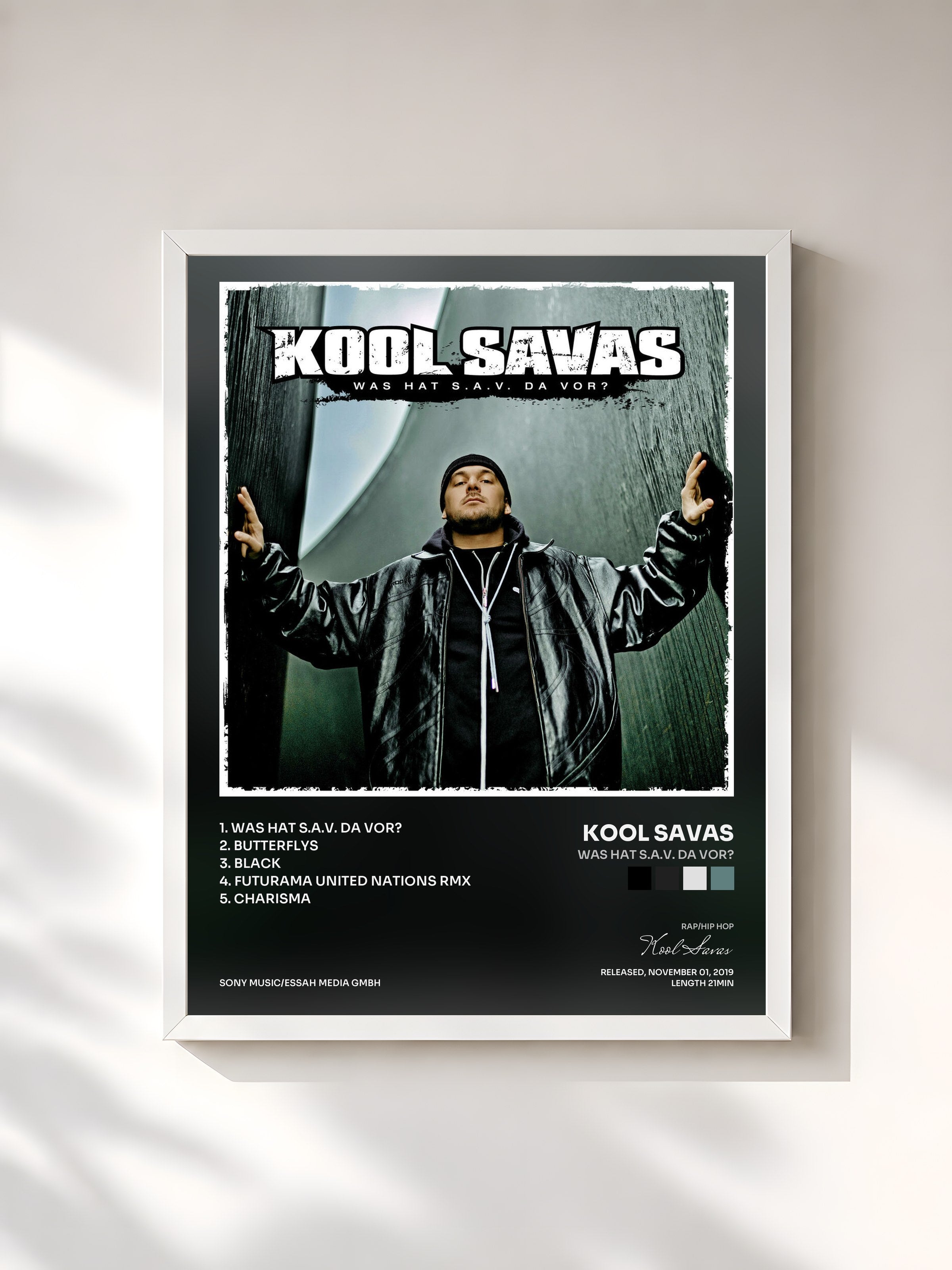 #blanc Tableau de l'album Was hat S.A.V. da vor? de Kool Savas, cadre blanc, imprimé et encadré en France