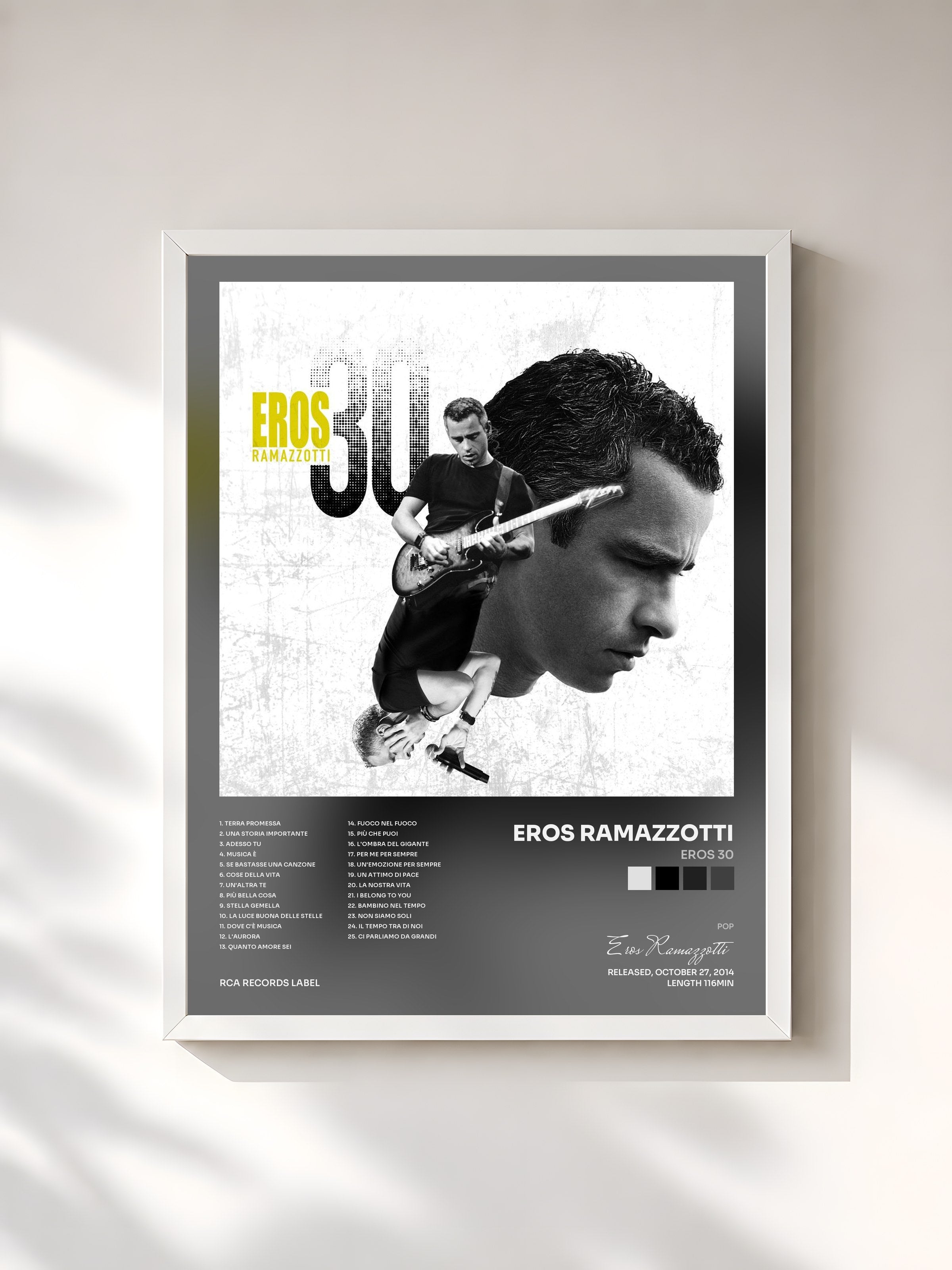 #blanc Tableau de l'album Eros 30 de Eros Ramazzotti, cadre blanc, imprimé et encadré en France