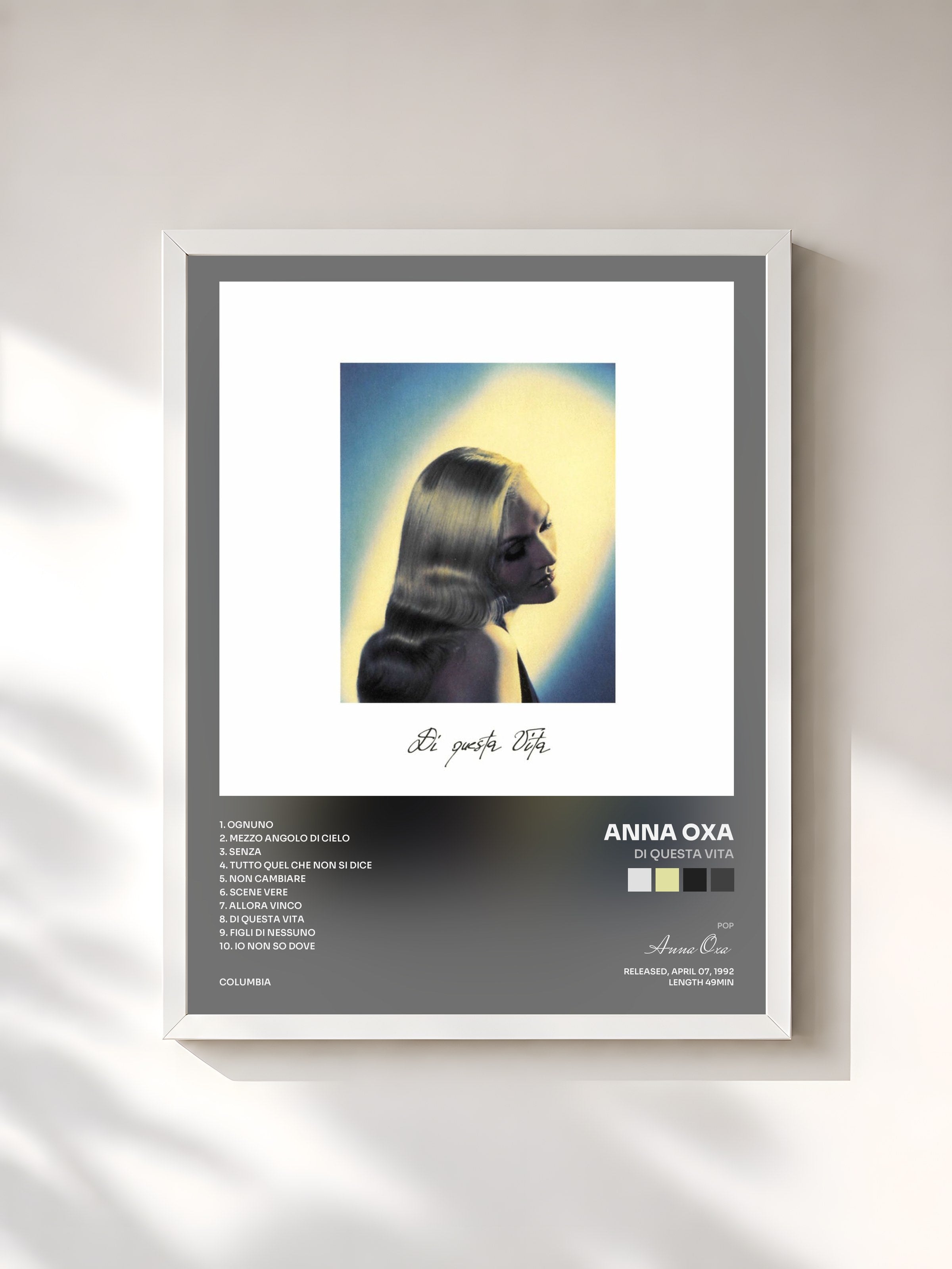 #blanc Tableau de l'album Di Questa Vita de Anna Oxa, cadre blanc, imprimé et encadré en France