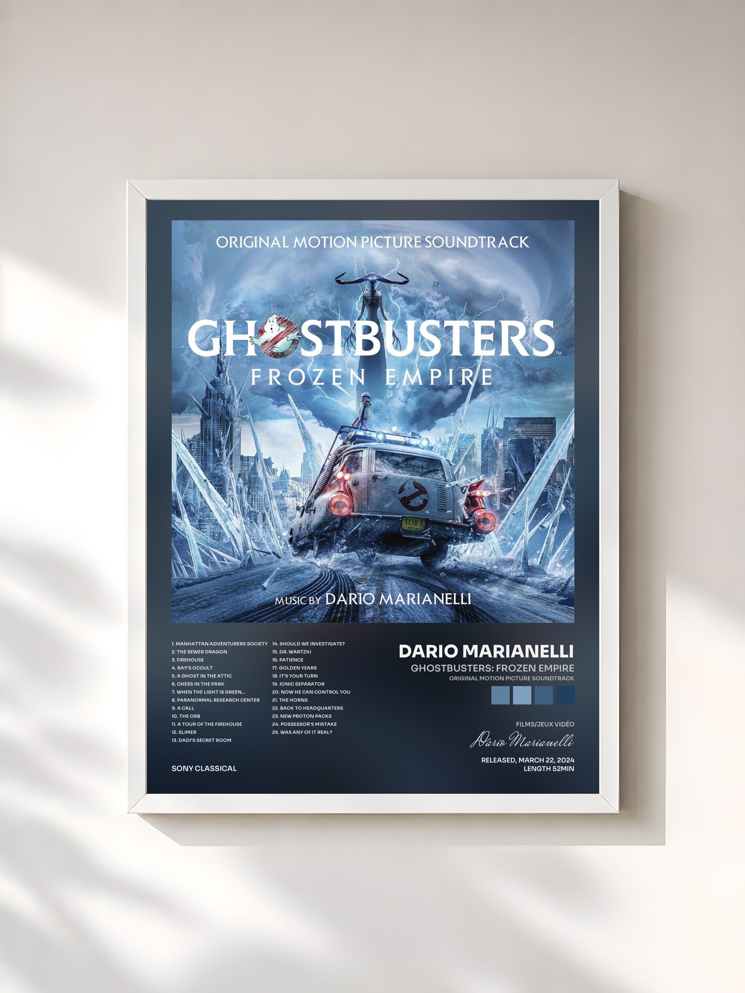 #blanc Tableau de l'album Ghostbusters: Frozen Empire (Original Motion Picture Soundtrack) de Dario Marianelli, cadre blanc, imprimé et encadré en France