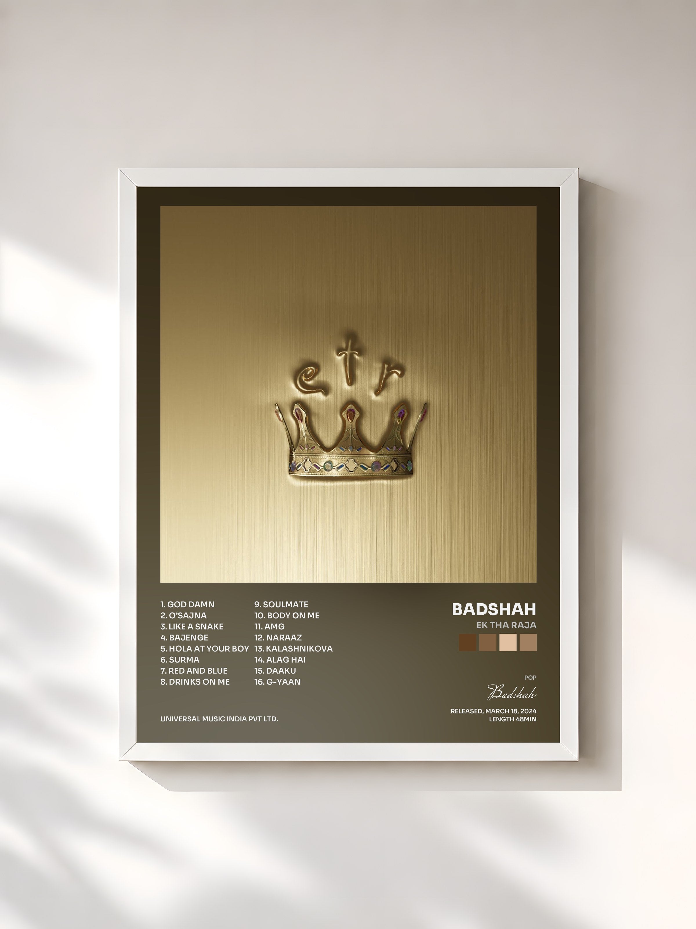 #blanc Tableau de l'album Ek Tha Raja de Badshah, cadre blanc, imprimé et encadré en France