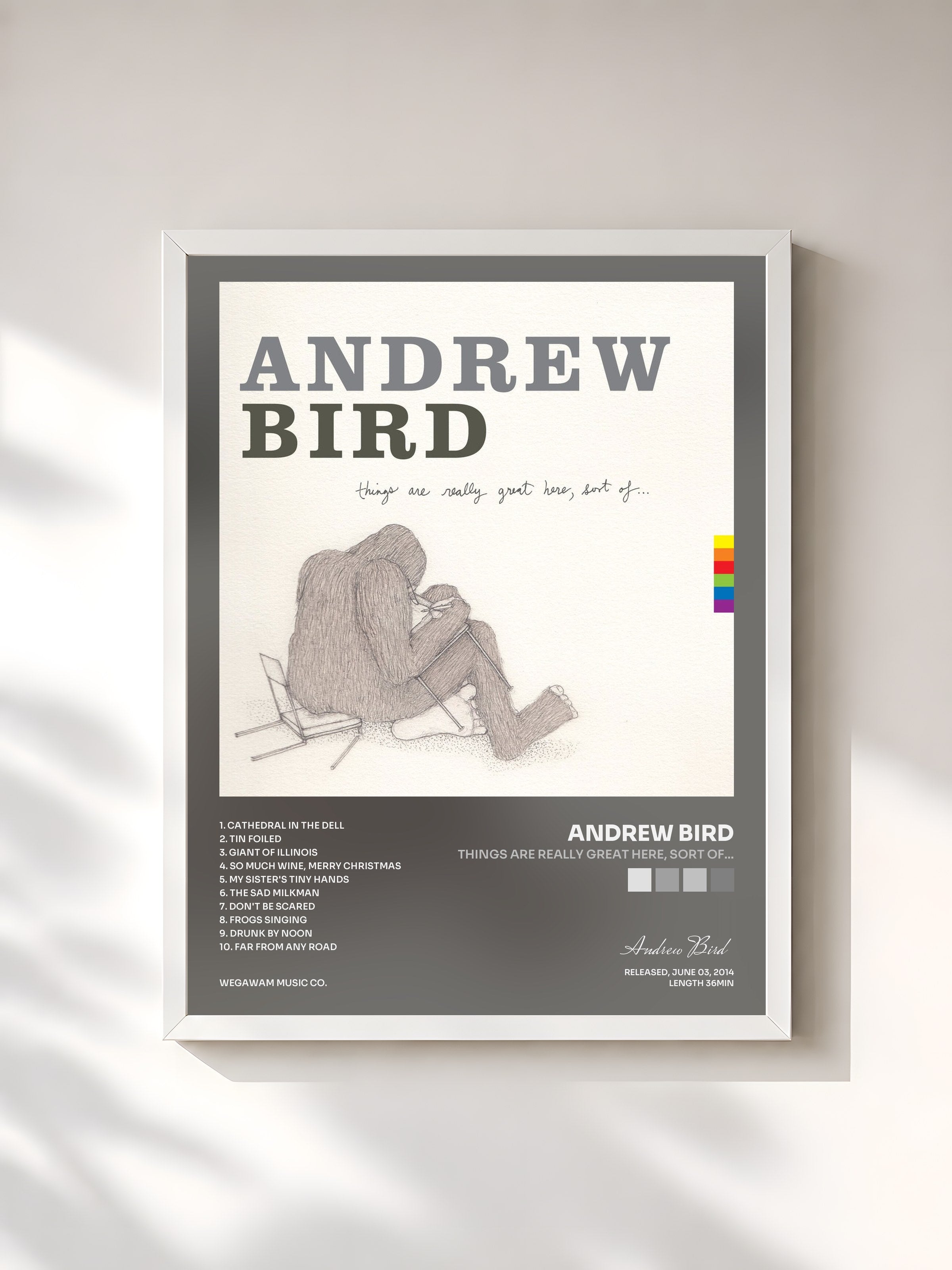 #blanc Tableau de l'album Things Are Really Great Here, Sort Of... de Andrew Bird, cadre blanc, imprimé et encadré en France