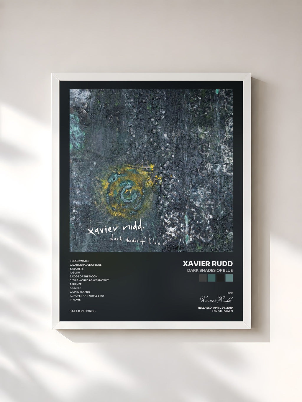 #blanc Dark Shades Of Blue by Xavier Rudd as a framed art print, white frame, printed and framed in France
