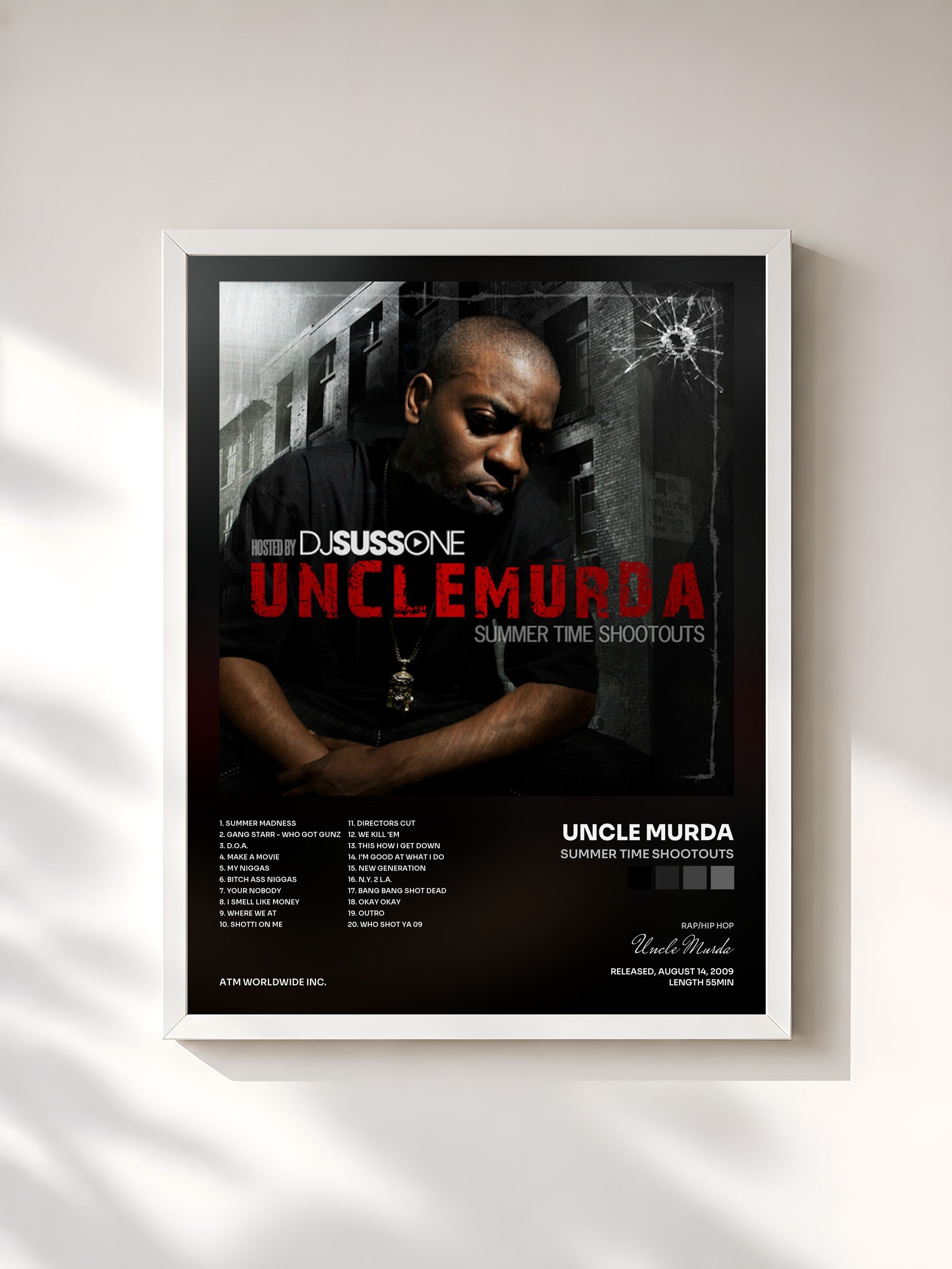 #blanc Tableau de l'album Summer Time Shootouts de Uncle Murda, cadre blanc, imprimé et encadré en France