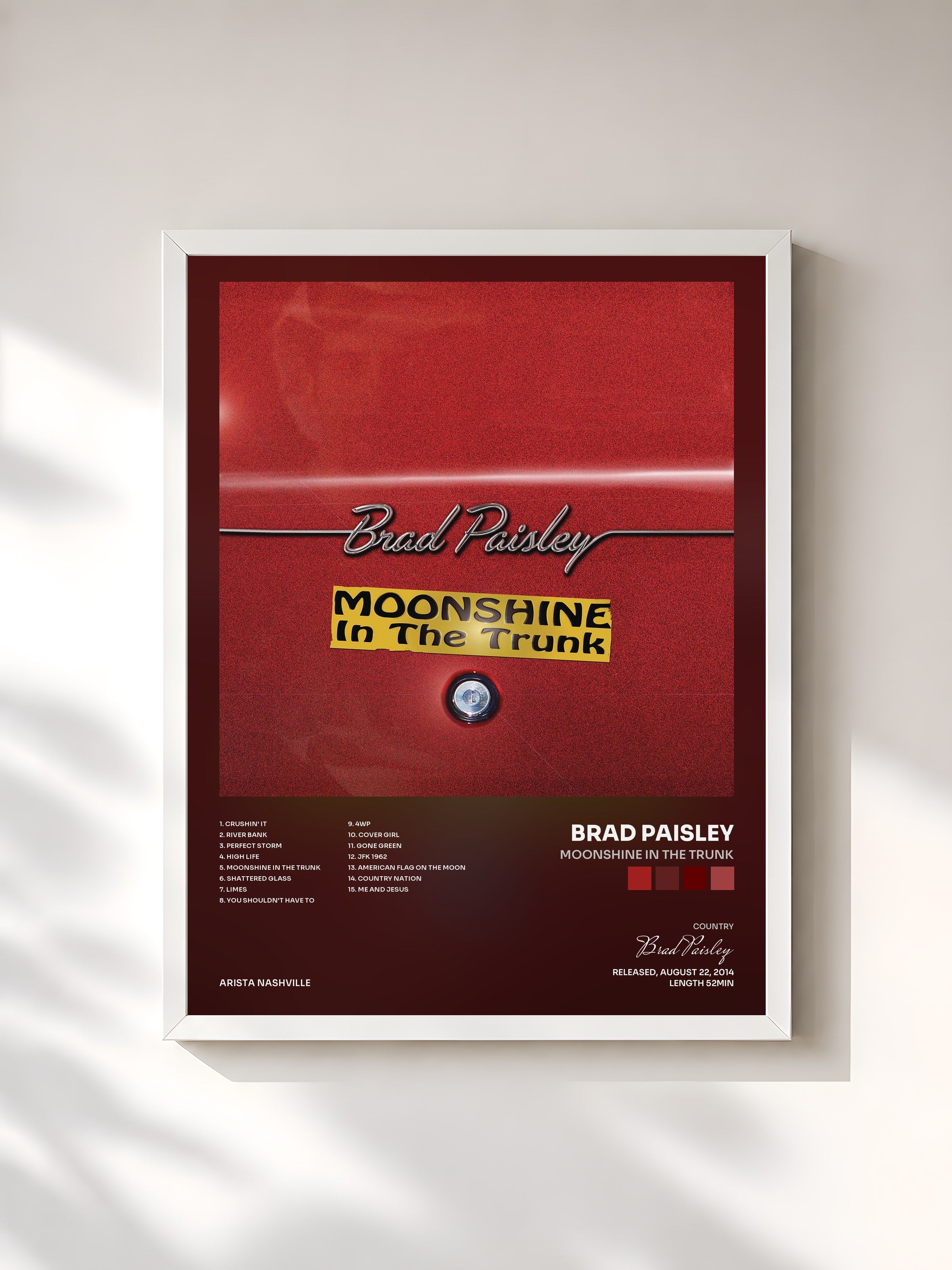 #blanc Tableau de l'album Moonshine in the Trunk de Brad Paisley, cadre blanc, imprimé et encadré en France