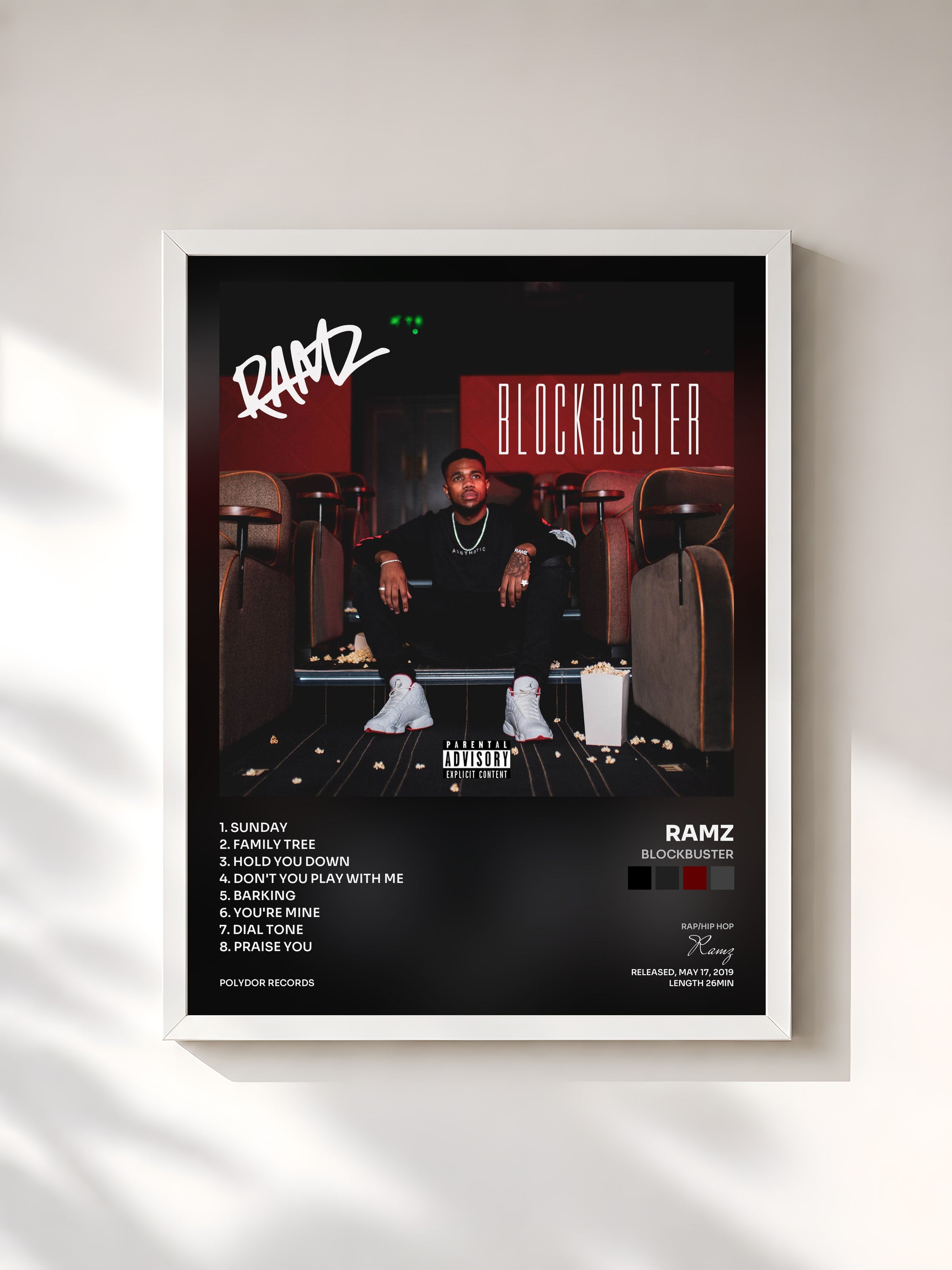 #blanc Tableau de l'album Blockbuster de Ramz, cadre blanc, imprimé et encadré en France