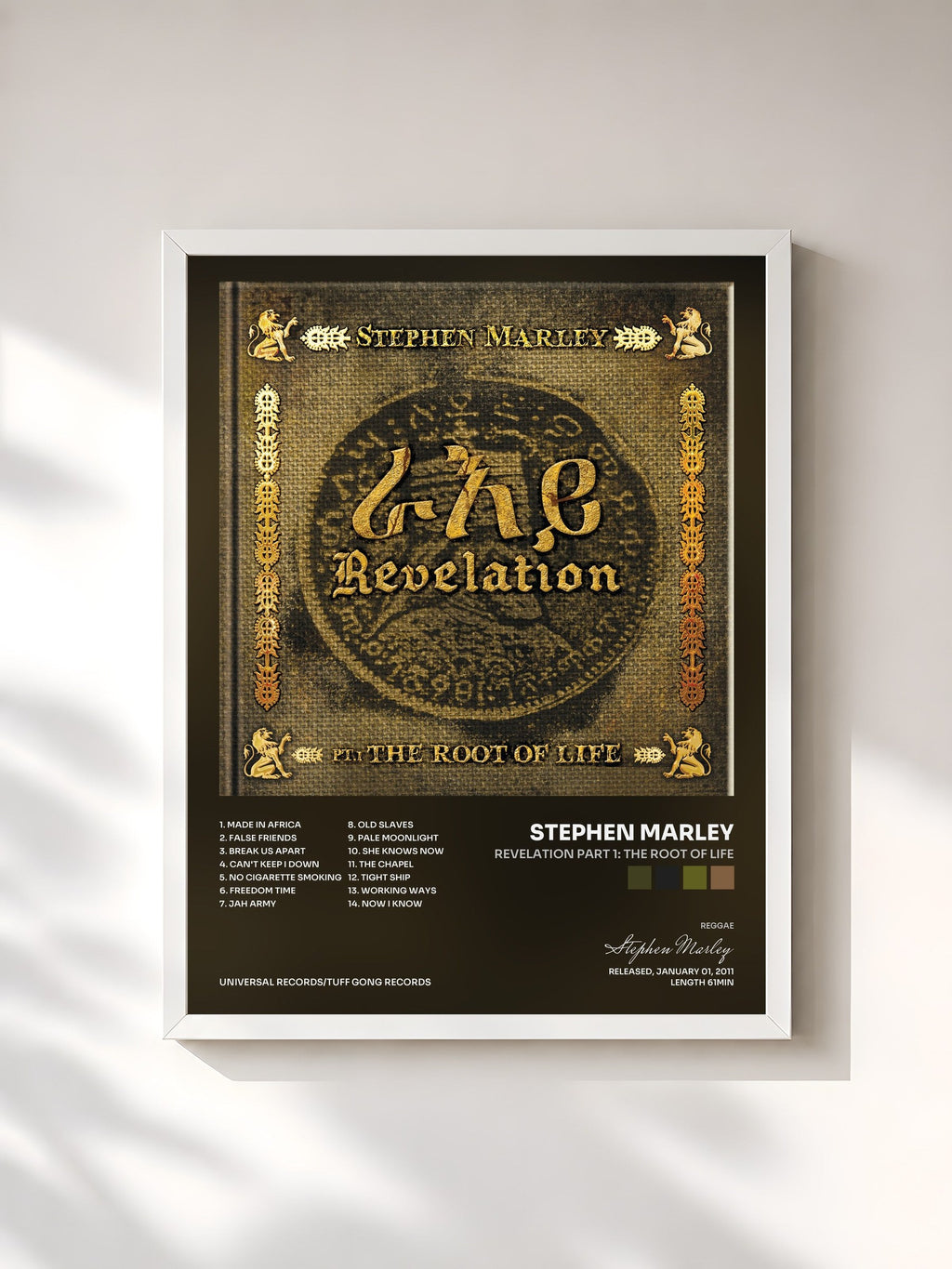 #blanc Tableau de l'album Revelation Part 1: The Root Of Life de Stephen Marley, cadre blanc, imprimé et encadré en France