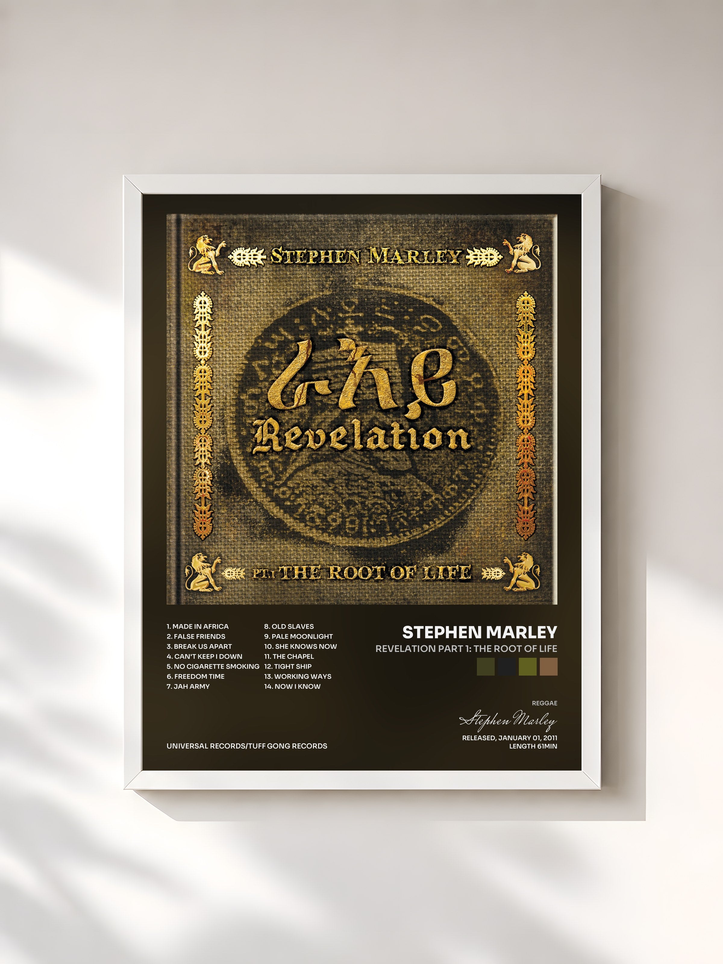 #blanc Tableau de l'album Revelation Part 1: The Root Of Life de Stephen Marley, cadre blanc, imprimé et encadré en France
