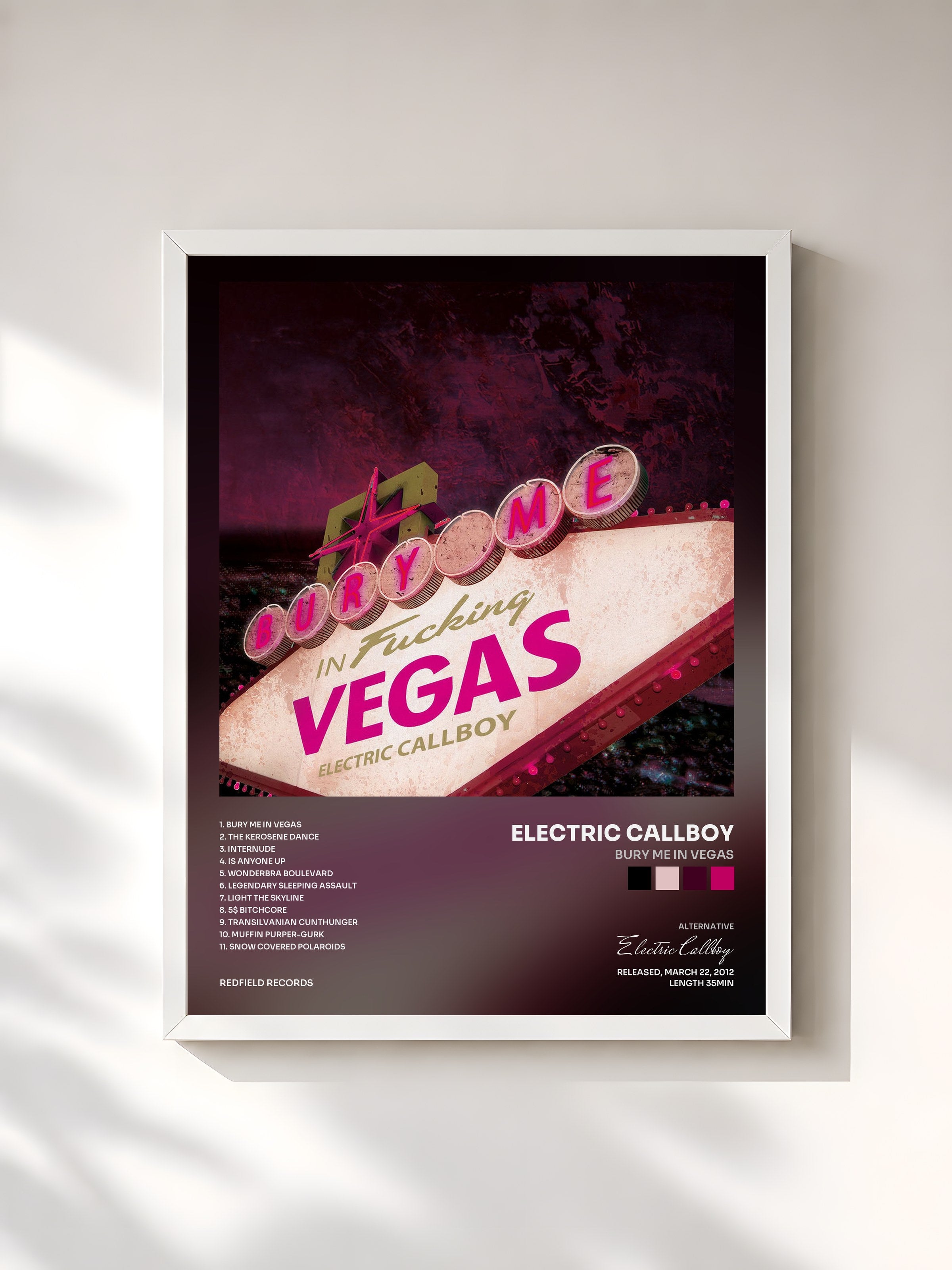 #blanc Tableau de l'album Bury Me in Vegas de Electric Callboy, cadre blanc, imprimé et encadré en France