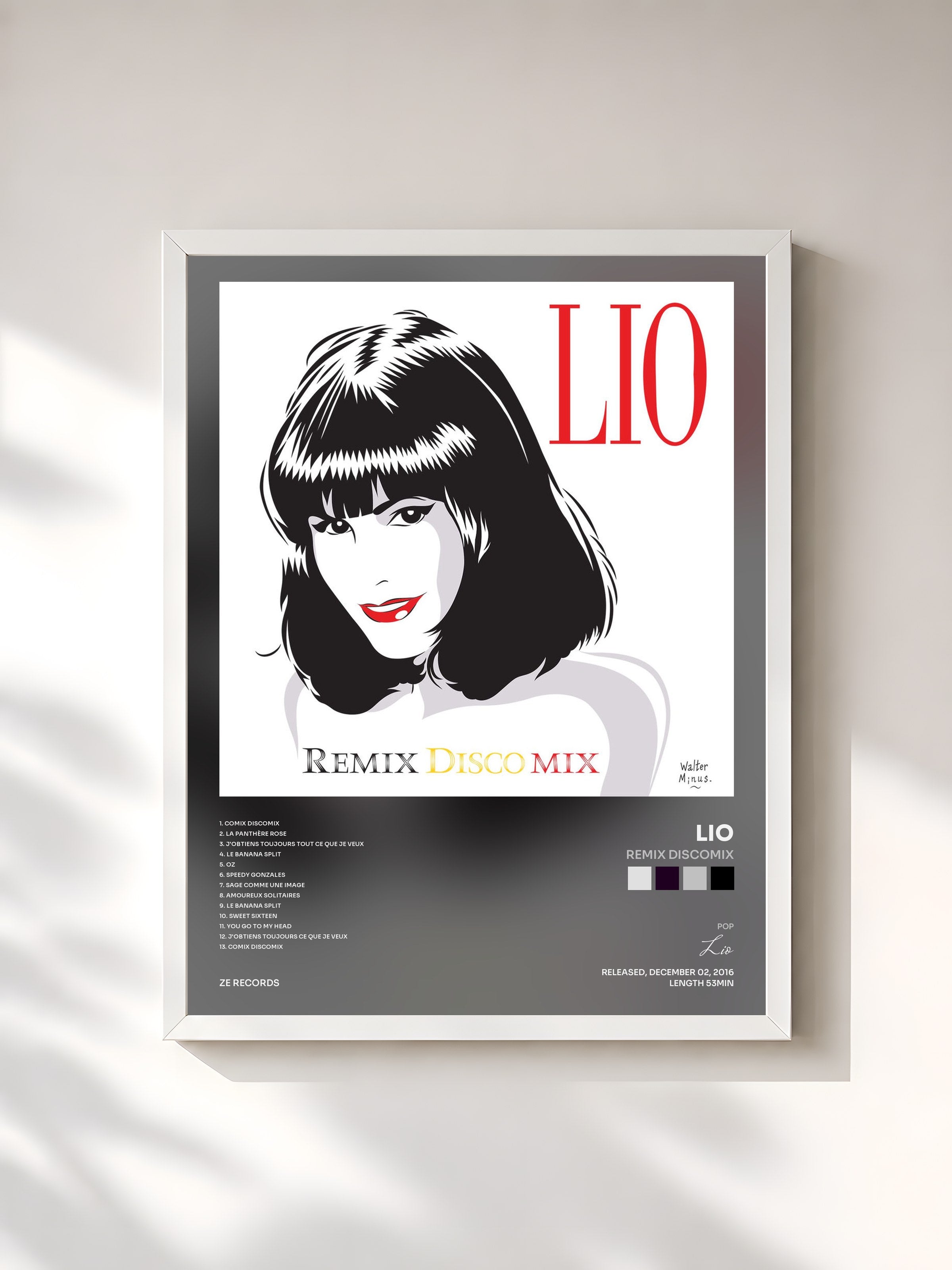 #blanc Tableau de l'album Remix Discomix de Lio, cadre blanc, imprimé et encadré en France
