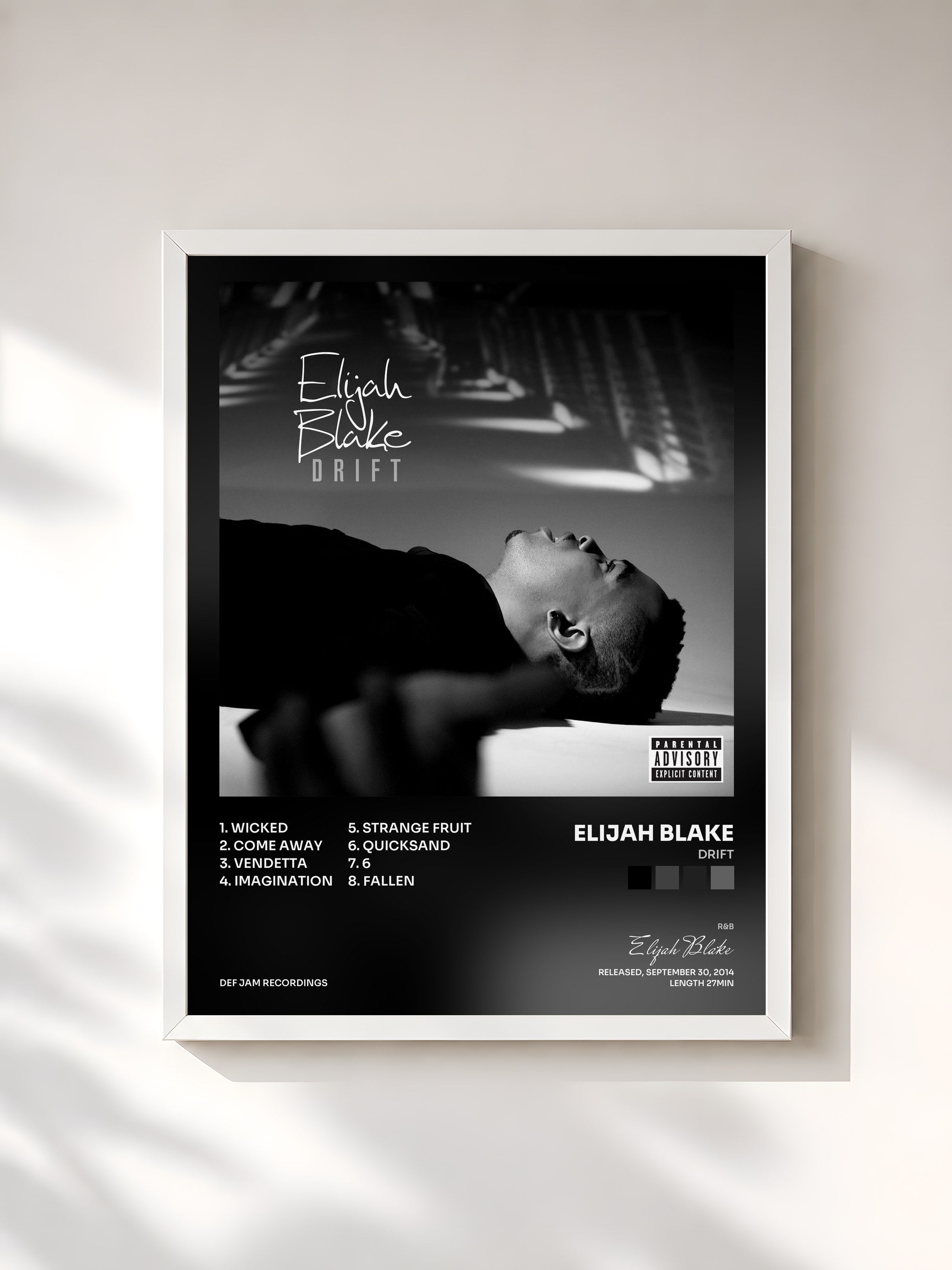 #blanc Tableau de l'album Drift de Elijah Blake, cadre blanc, imprimé et encadré en France