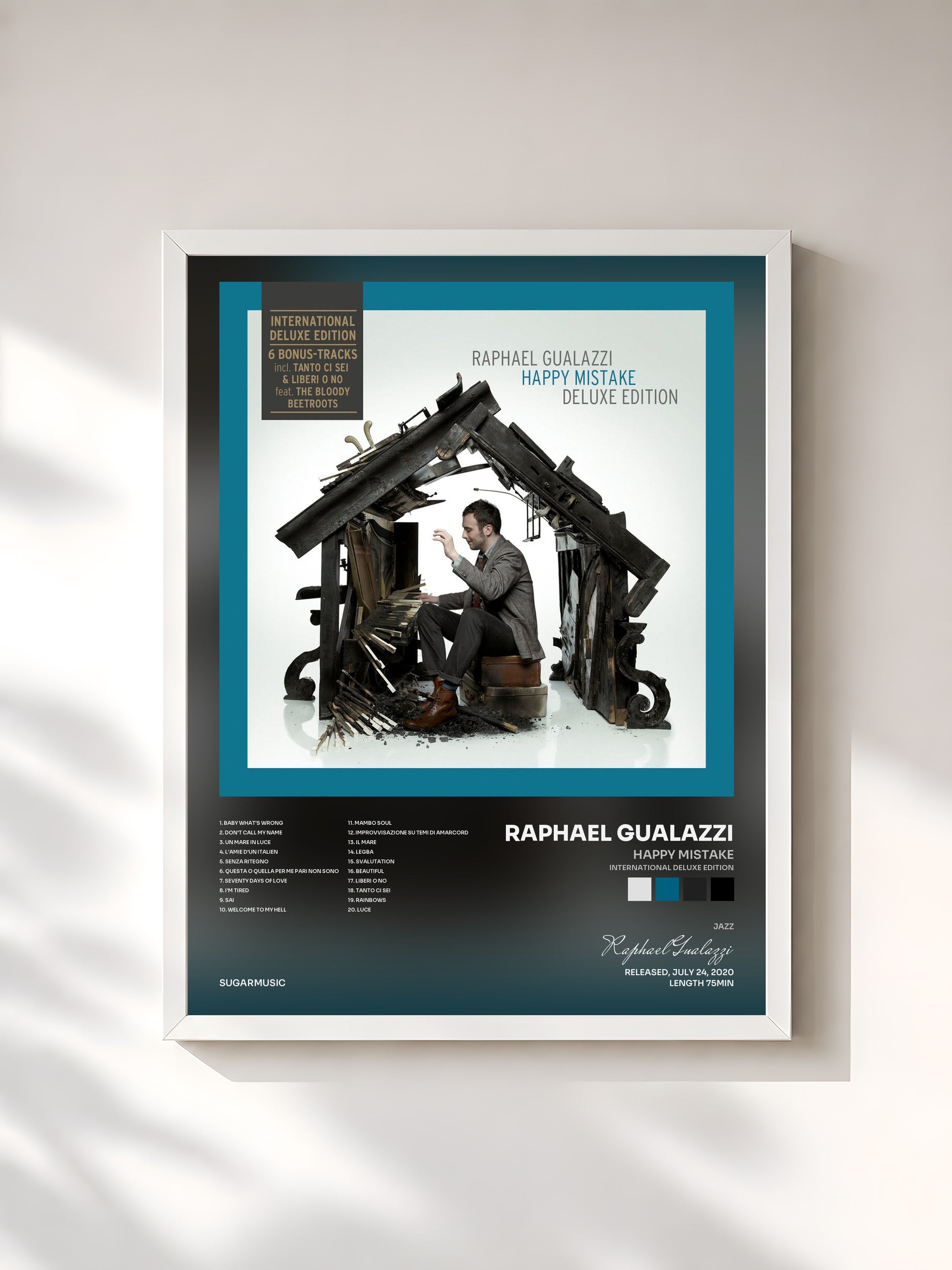 #blanc Tableau de l'album Happy Mistake (International Deluxe Edition) de Raphael Gualazzi, cadre blanc, imprimé et encadré en France