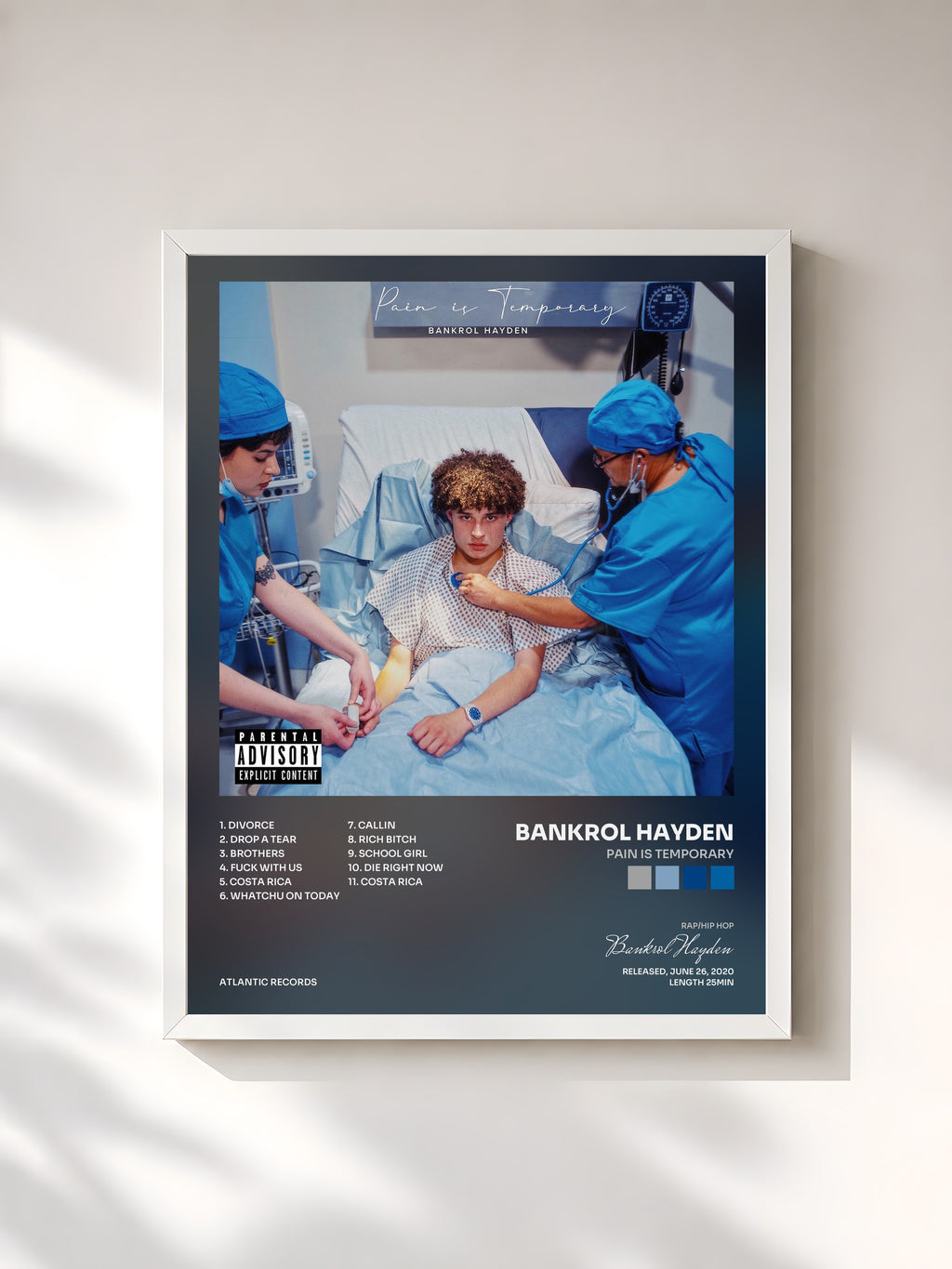 #blanc Tableau de l'album Pain is Temporary de Bankrol Hayden, cadre blanc, imprimé et encadré en France