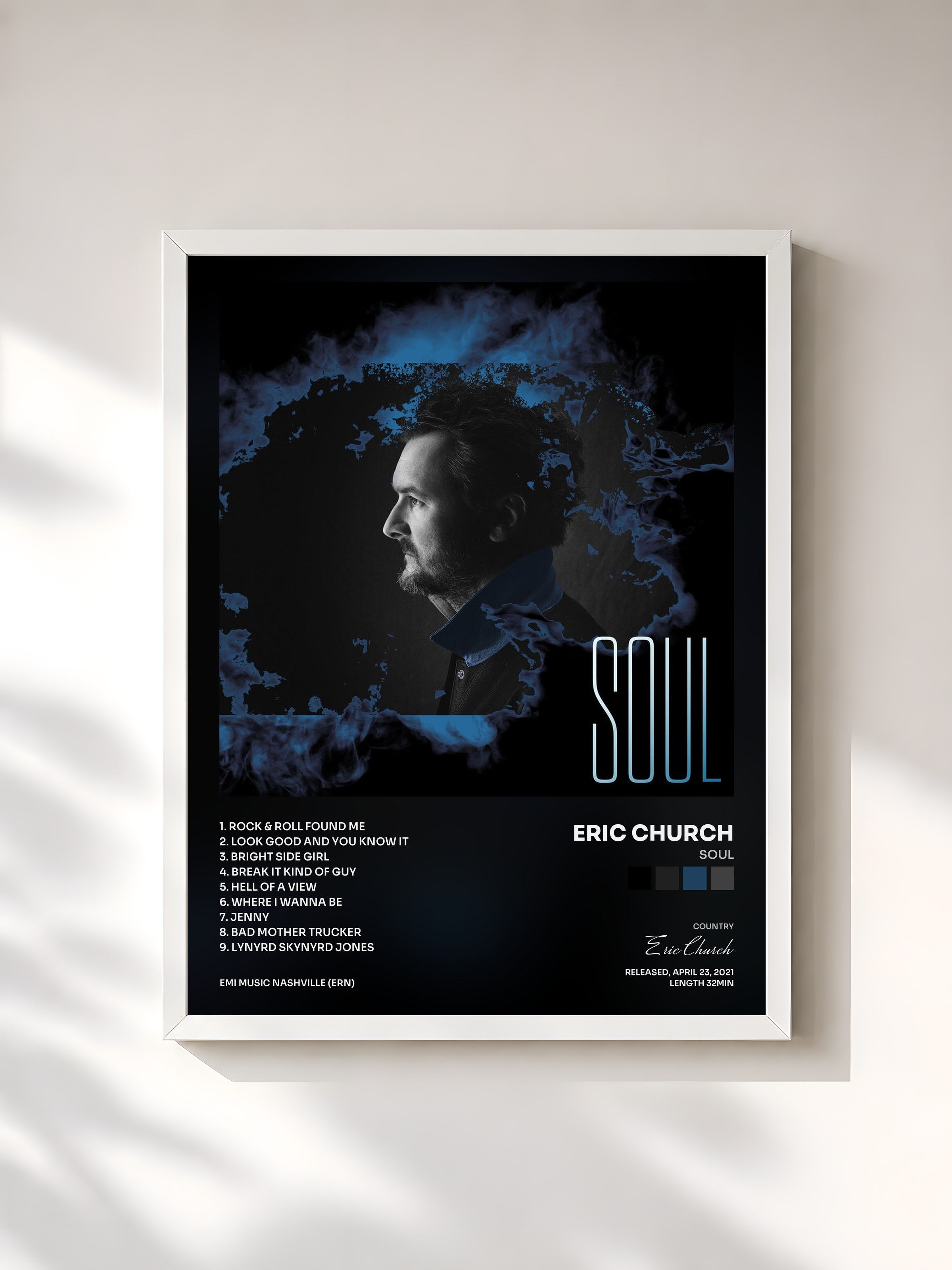 #blanc Tableau de l'album Soul de Eric Church, cadre blanc, imprimé et encadré en France