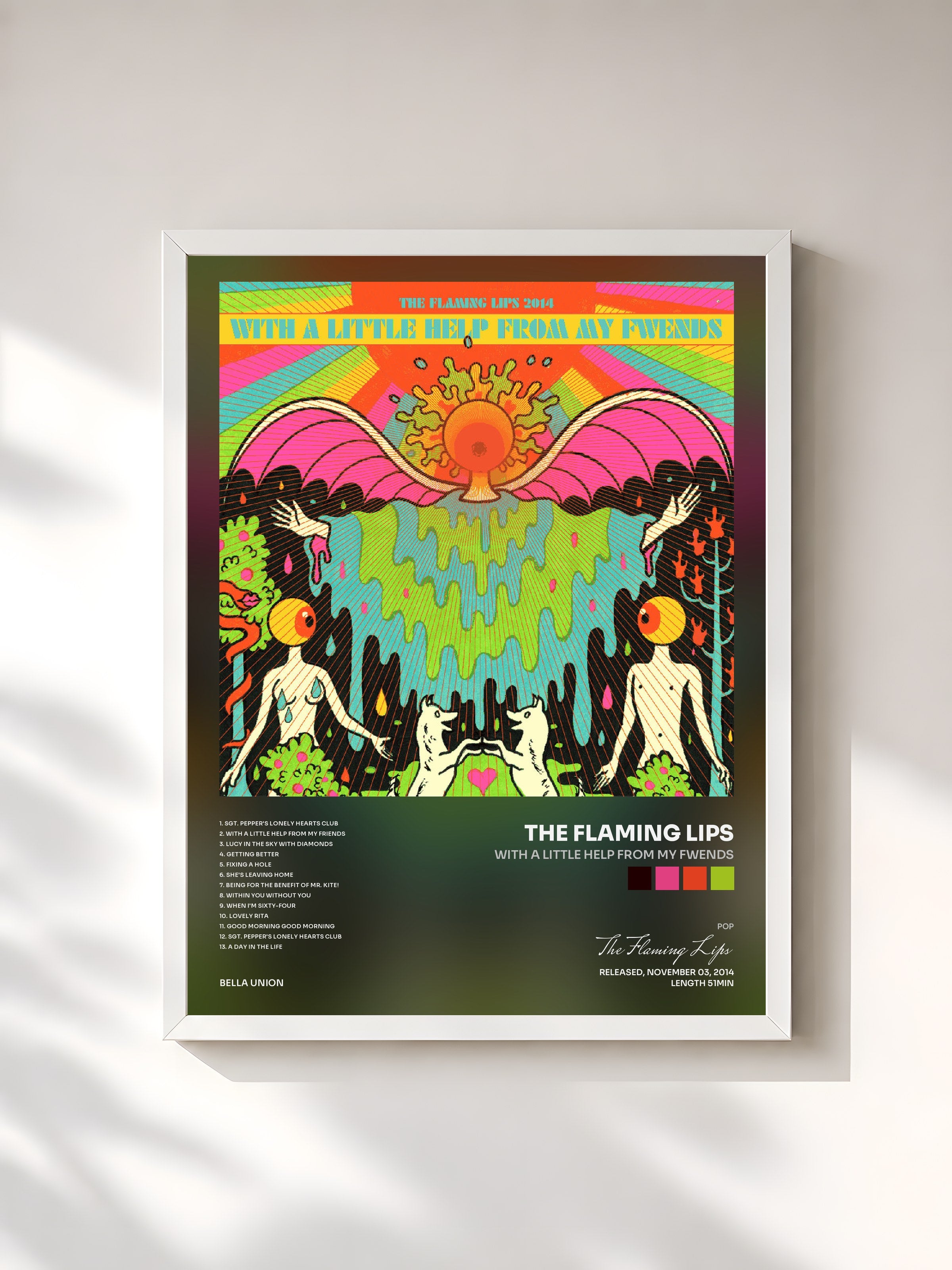 #blanc Tableau de l'album With a Little Help from My Fwends de The Flaming Lips, cadre blanc, imprimé et encadré en France