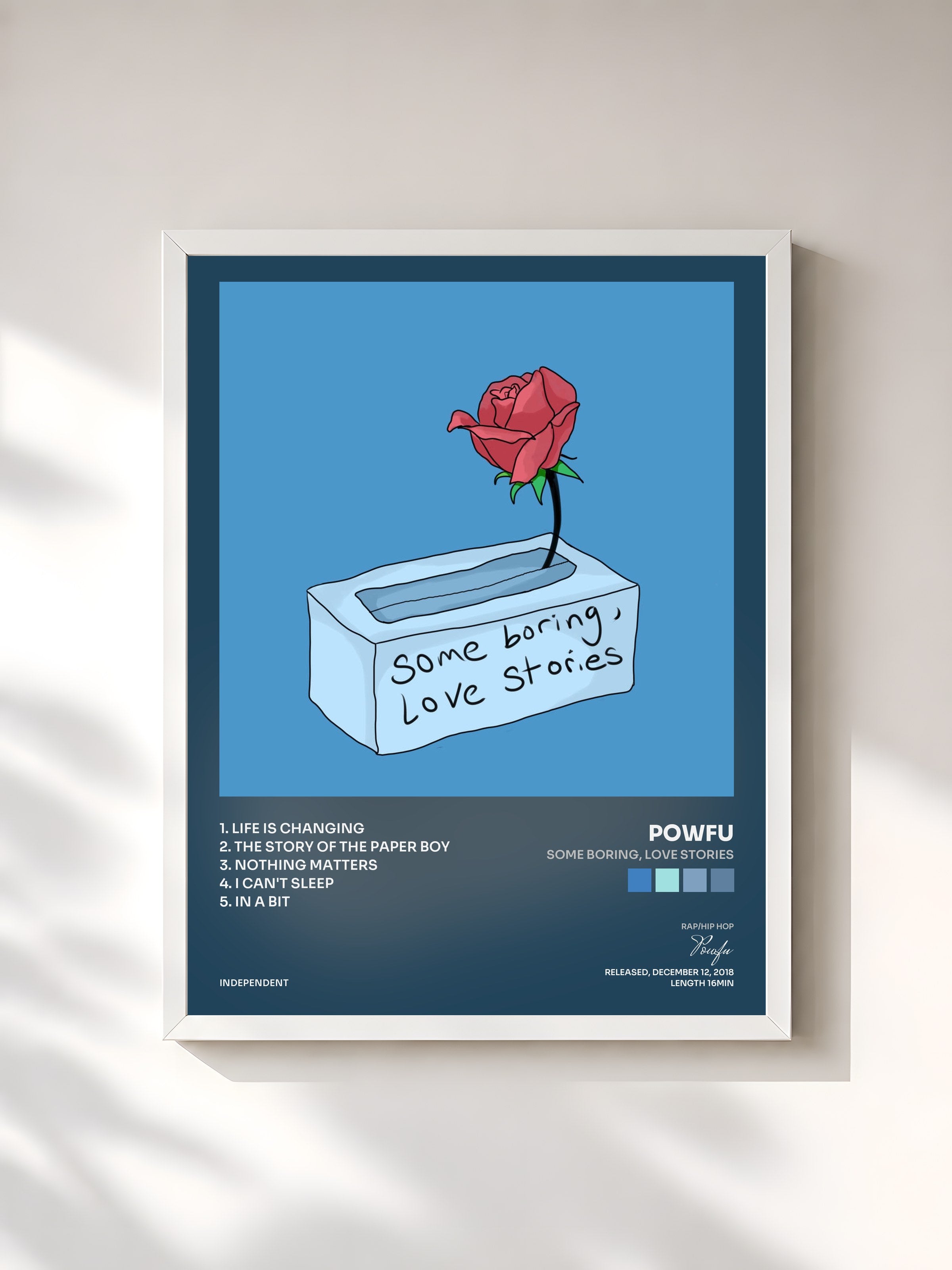 #blanc Tableau de l'album Some Boring, Love Stories de Powfu, cadre blanc, imprimé et encadré en France