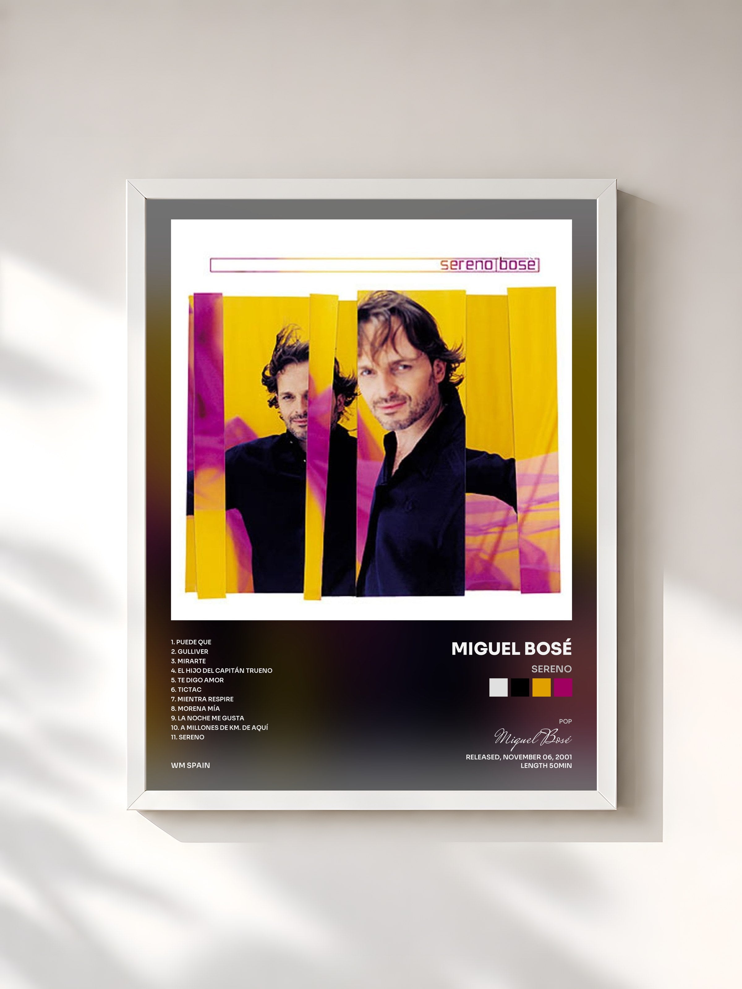 #blanc Tableau de l'album Sereno de Miguel Bosé, cadre blanc, imprimé et encadré en France