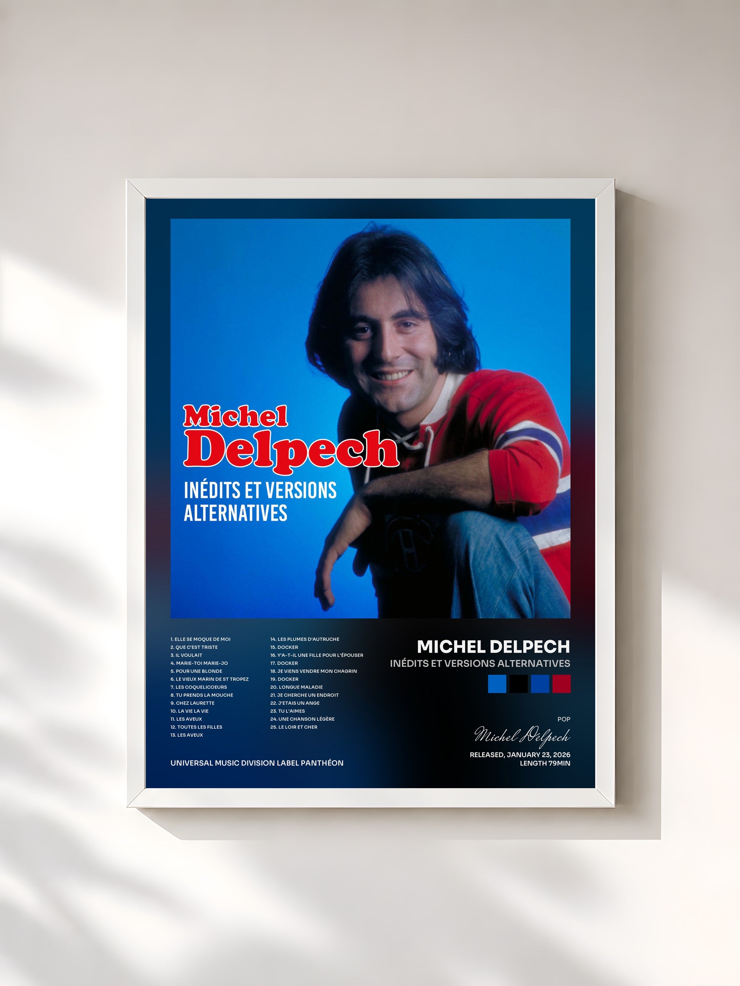 #blanc Tableau de l'album Inédits et versions alternatives de Michel Delpech, cadre blanc, imprimé et encadré en France