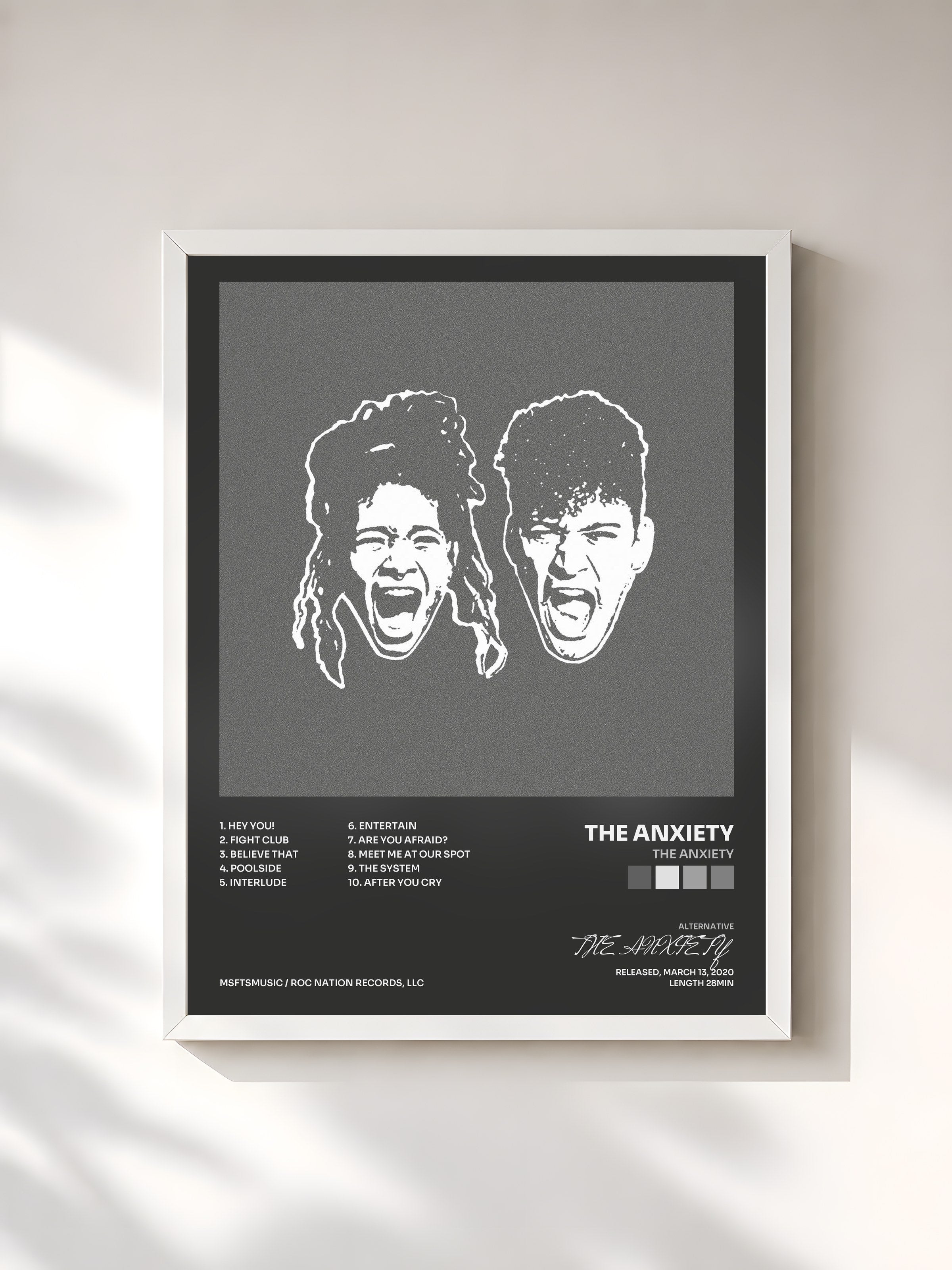 #blanc Tableau de l'album THE ANXIETY de THE ANXIETY, cadre blanc, imprimé et encadré en France