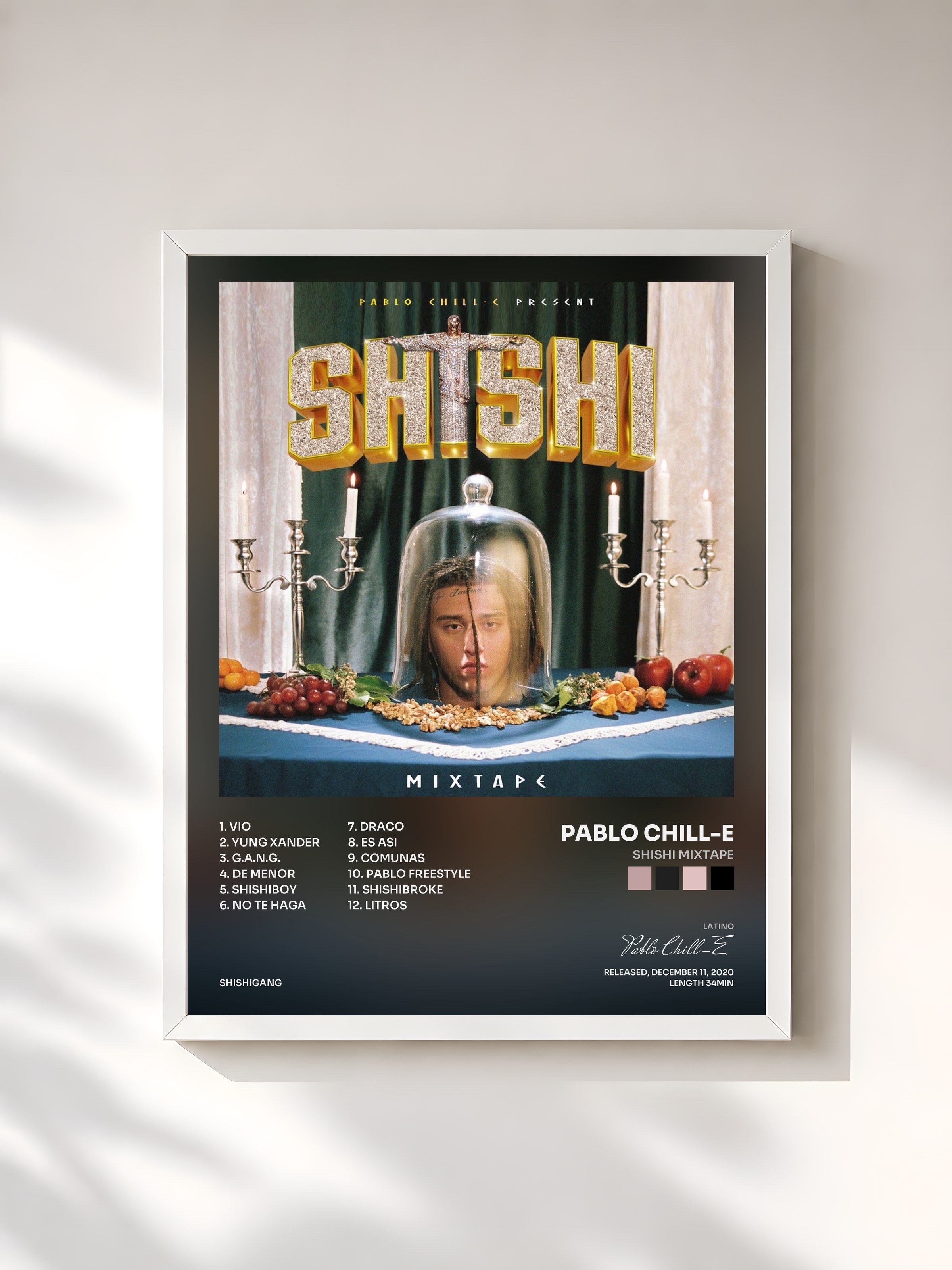 #blanc Tableau de l'album SHISHI Mixtape de Pablo Chill-E, cadre blanc, imprimé et encadré en France