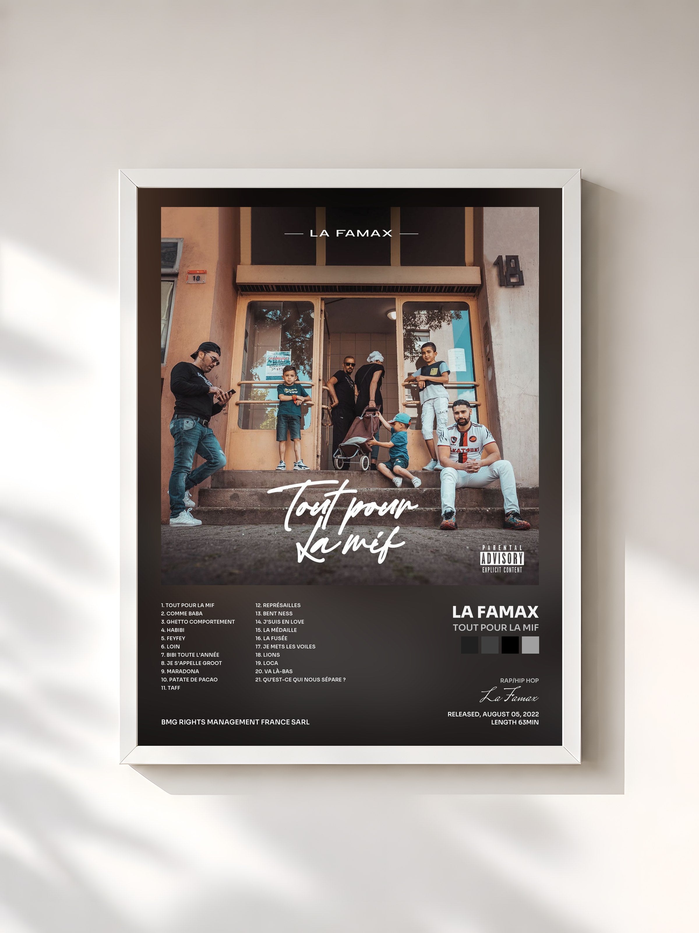 #blanc Tableau de l'album Tout pour la mif de La Famax, cadre blanc, imprimé et encadré en France