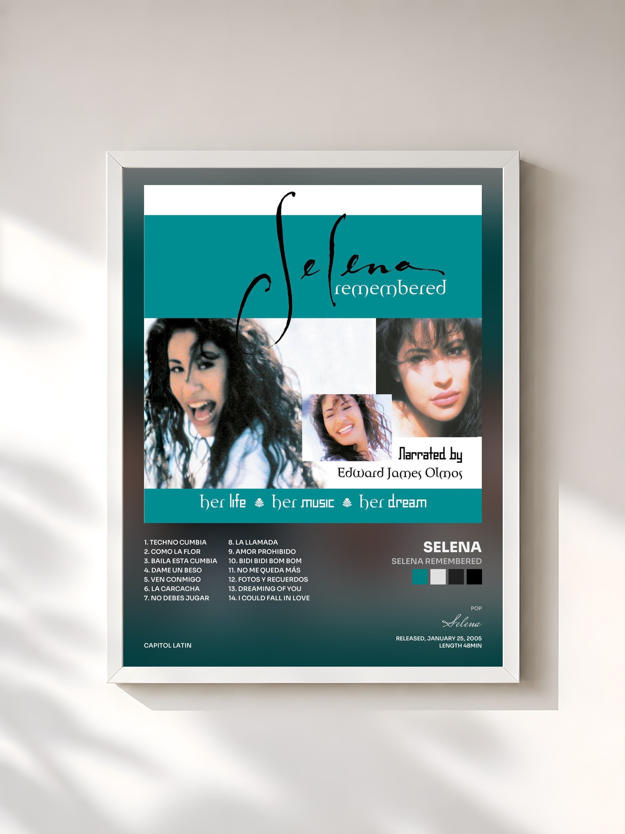 #blanc Tableau de l'album Selena Remembered de Selena, cadre blanc, imprimé et encadré en France
