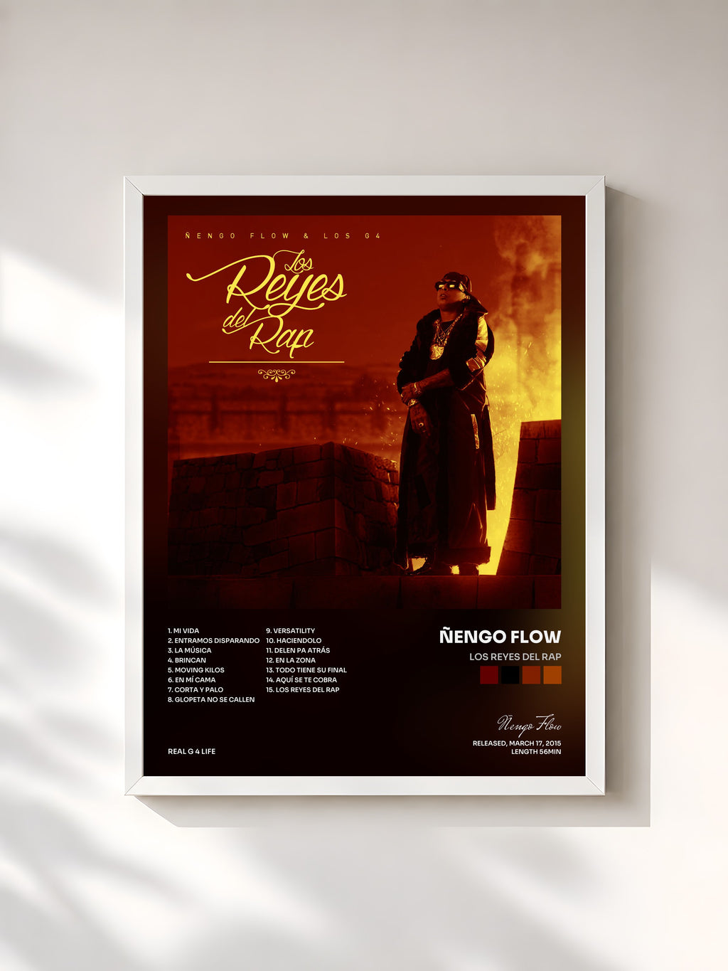 #blanc Tableau de l'album Los Reyes del Rap de Ñengo Flow, cadre blanc, imprimé et encadré en France