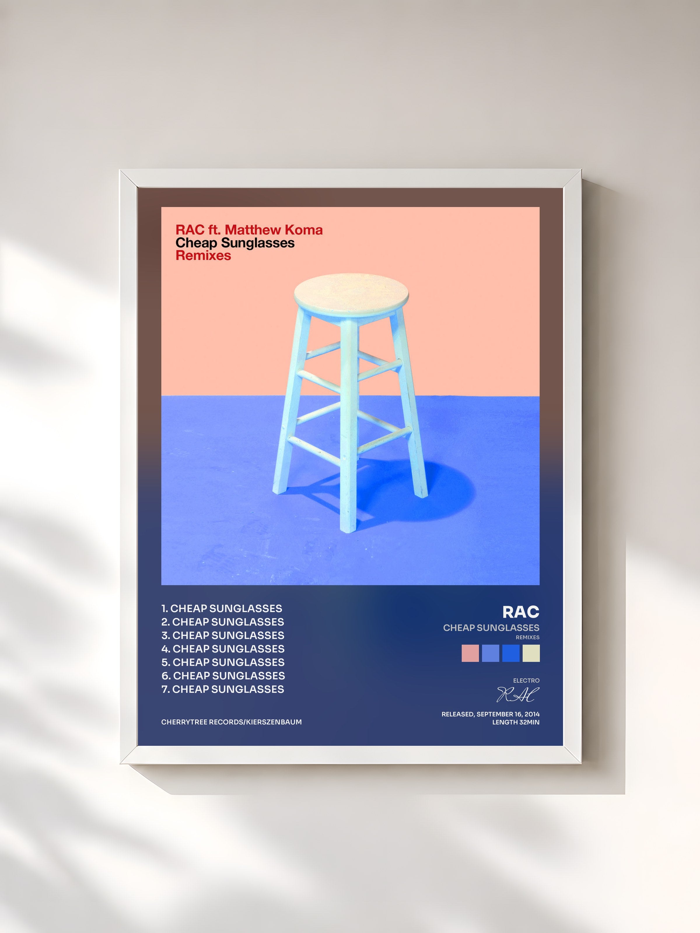 #blanc Tableau de l'album Cheap Sunglasses (Remixes) de RAC, cadre blanc, imprimé et encadré en France