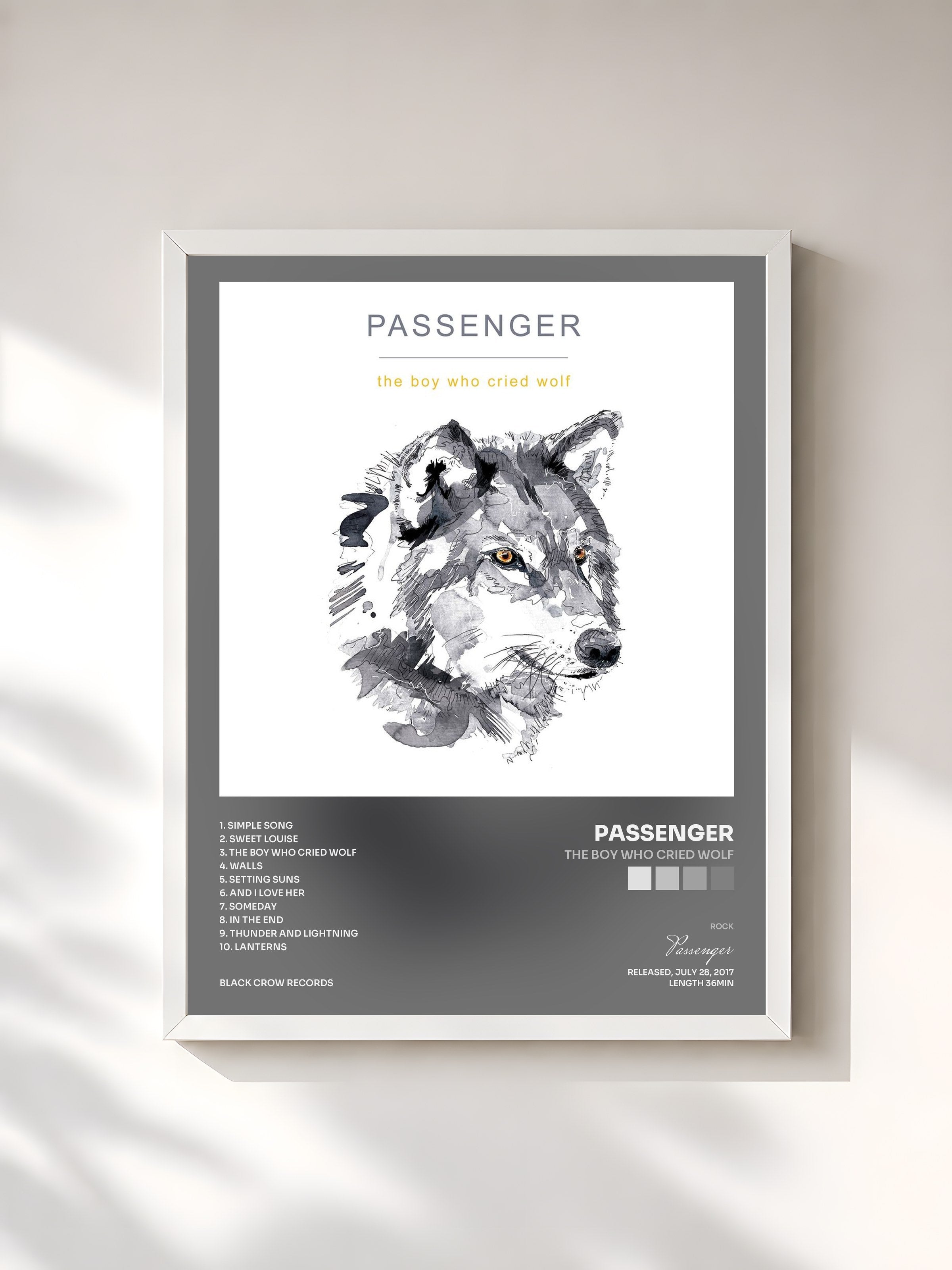 #blanc Tableau de l'album The Boy Who Cried Wolf de Passenger, cadre blanc, imprimé et encadré en France