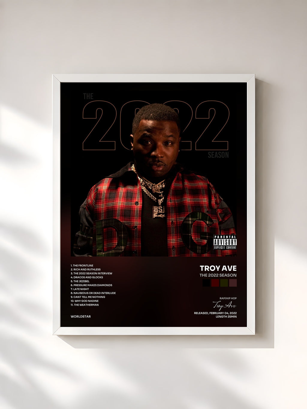 #blanc Tableau de l'album The 2022 Season de Troy Ave, cadre blanc, imprimé et encadré en France