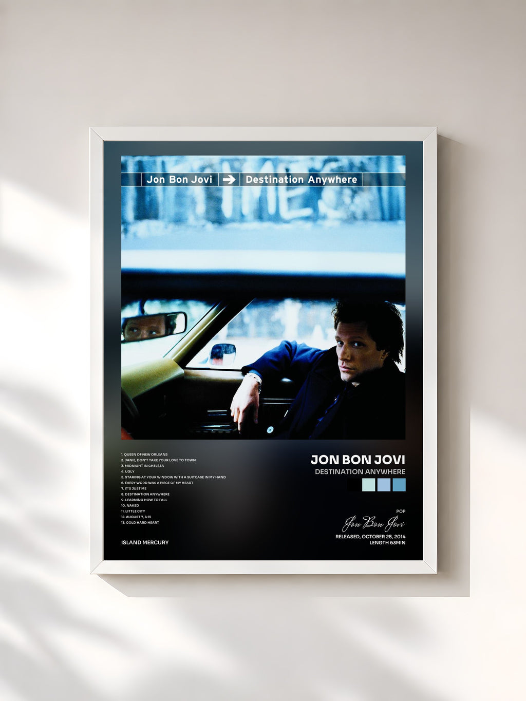 #blanc Tableau de l'album Destination Anywhere de Jon Bon Jovi, cadre blanc, imprimé et encadré en France
