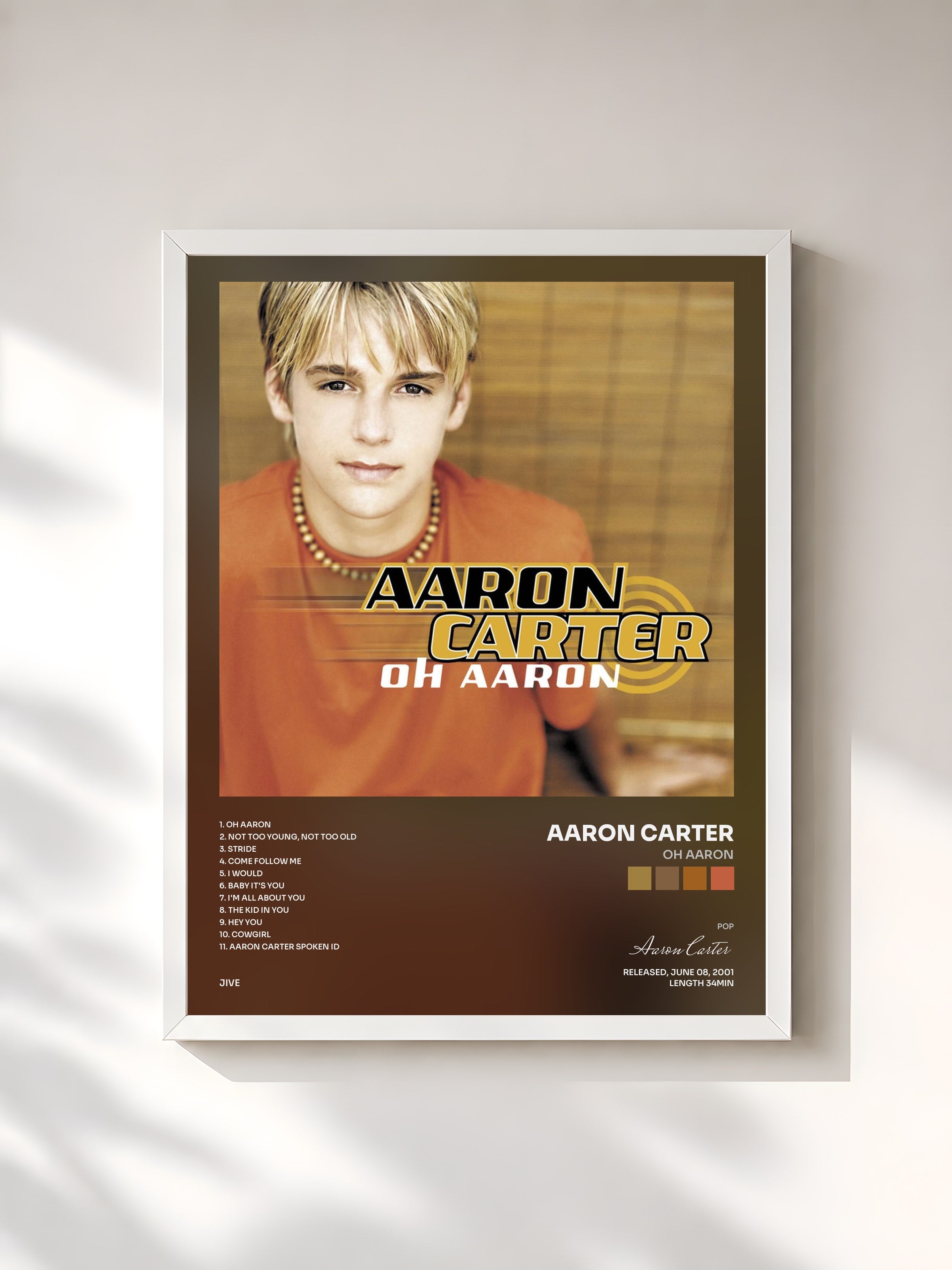 #blanc Tableau de l'album Oh Aaron de Aaron Carter, cadre blanc, imprimé et encadré en France