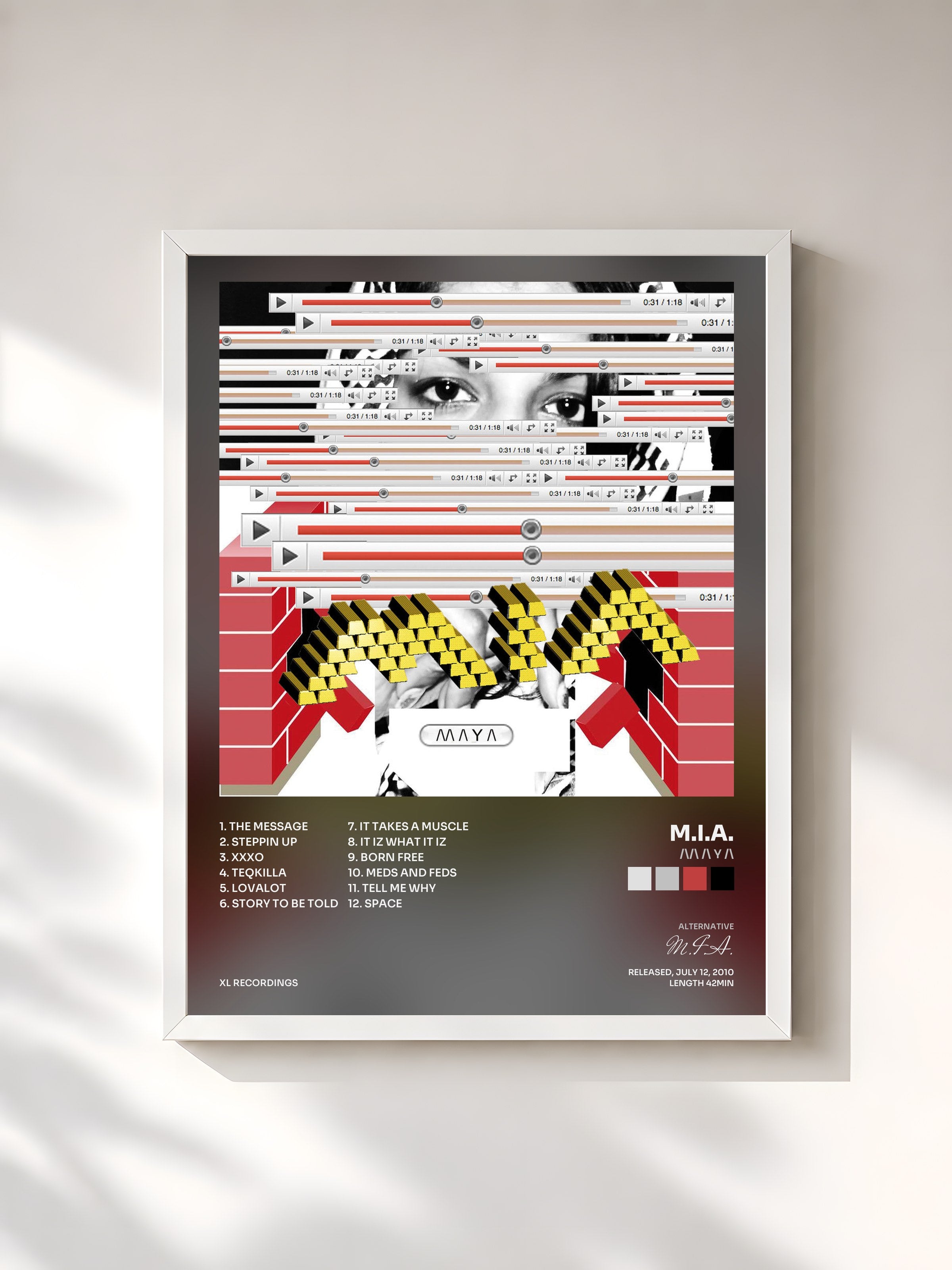 #blanc Tableau de l'album /\/\ /\ Y /\ de M.I.A., cadre blanc, imprimé et encadré en France