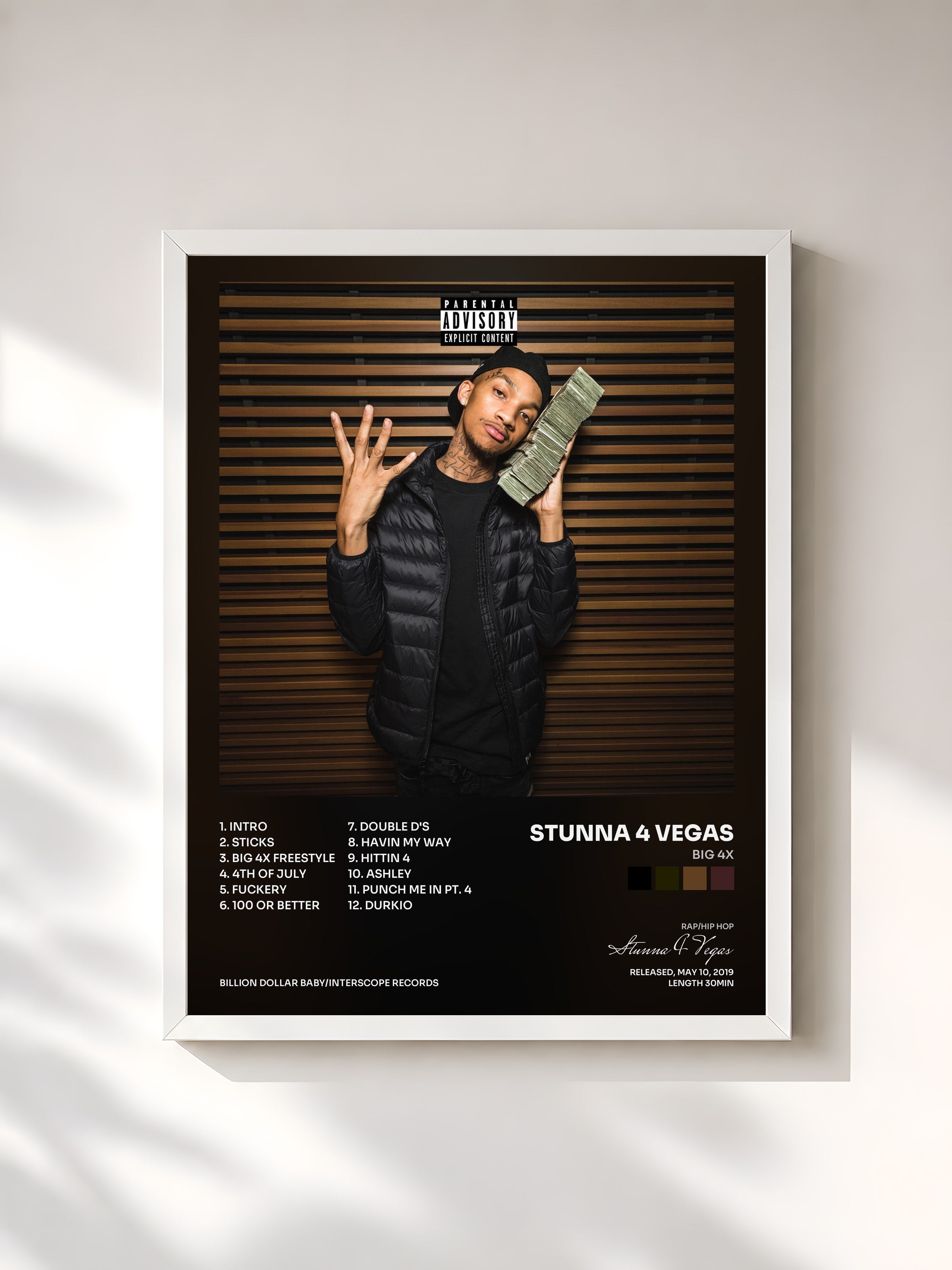 #blanc Tableau de l'album BIG 4x de Stunna 4 Vegas, cadre blanc, imprimé et encadré en France
