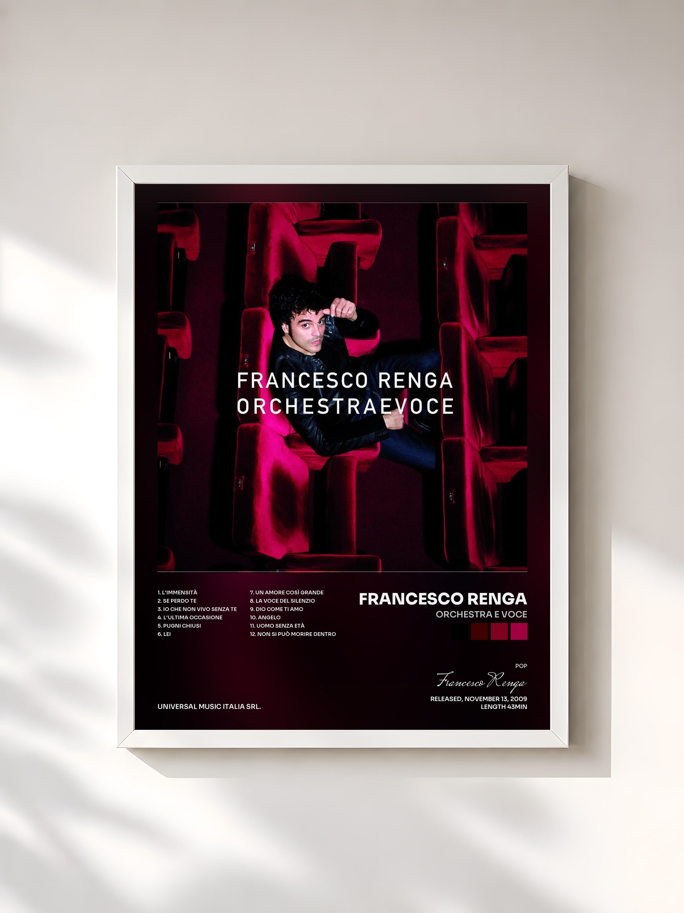 #blanc Tableau de l'album Orchestra E Voce de Francesco Renga, cadre blanc, imprimé et encadré en France