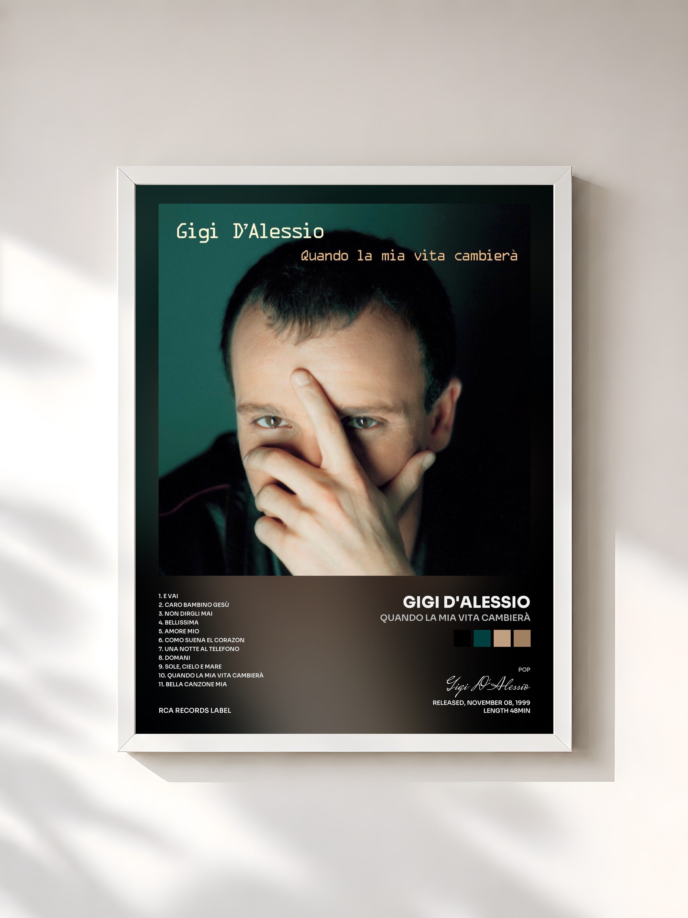 #blanc Tableau de l'album Quando La Mia Vita Cambierà de Gigi D'Alessio, cadre blanc, imprimé et encadré en France