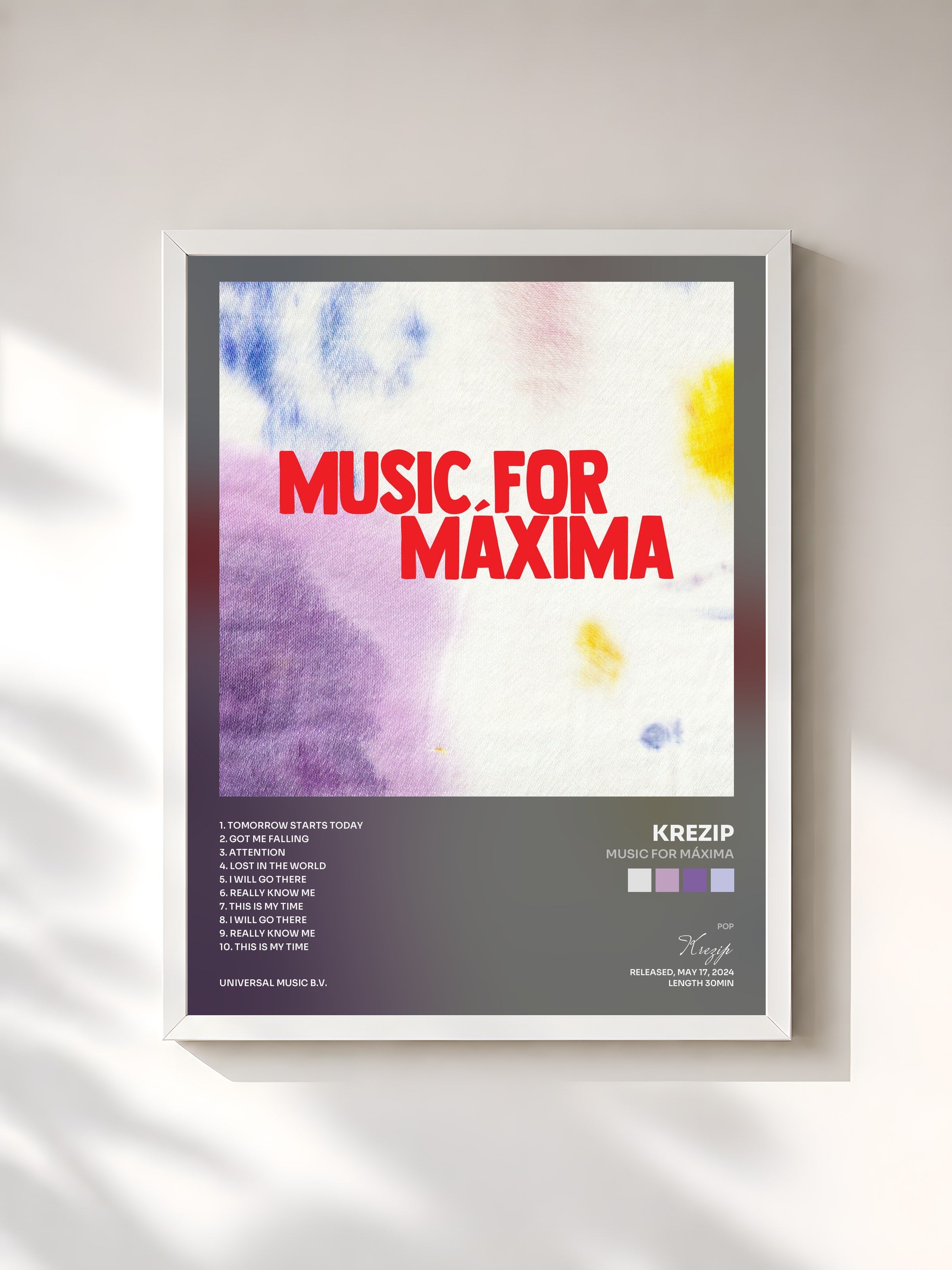 #blanc Tableau de l'album Music For Máxima de Krezip, cadre blanc, imprimé et encadré en France