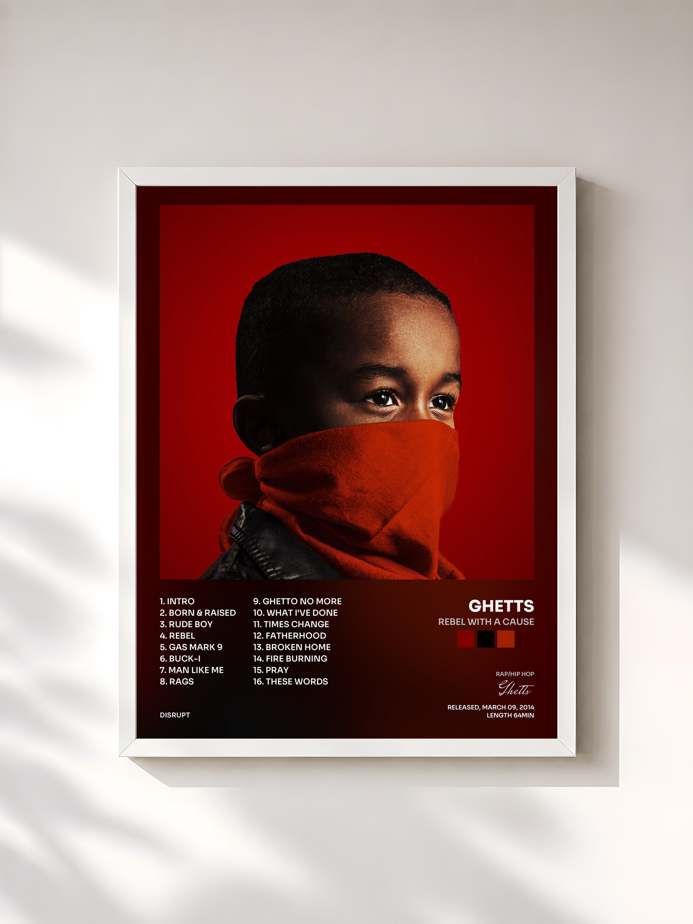 #blanc Tableau de l'album Rebel with a Cause de Ghetts, cadre blanc, imprimé et encadré en France
