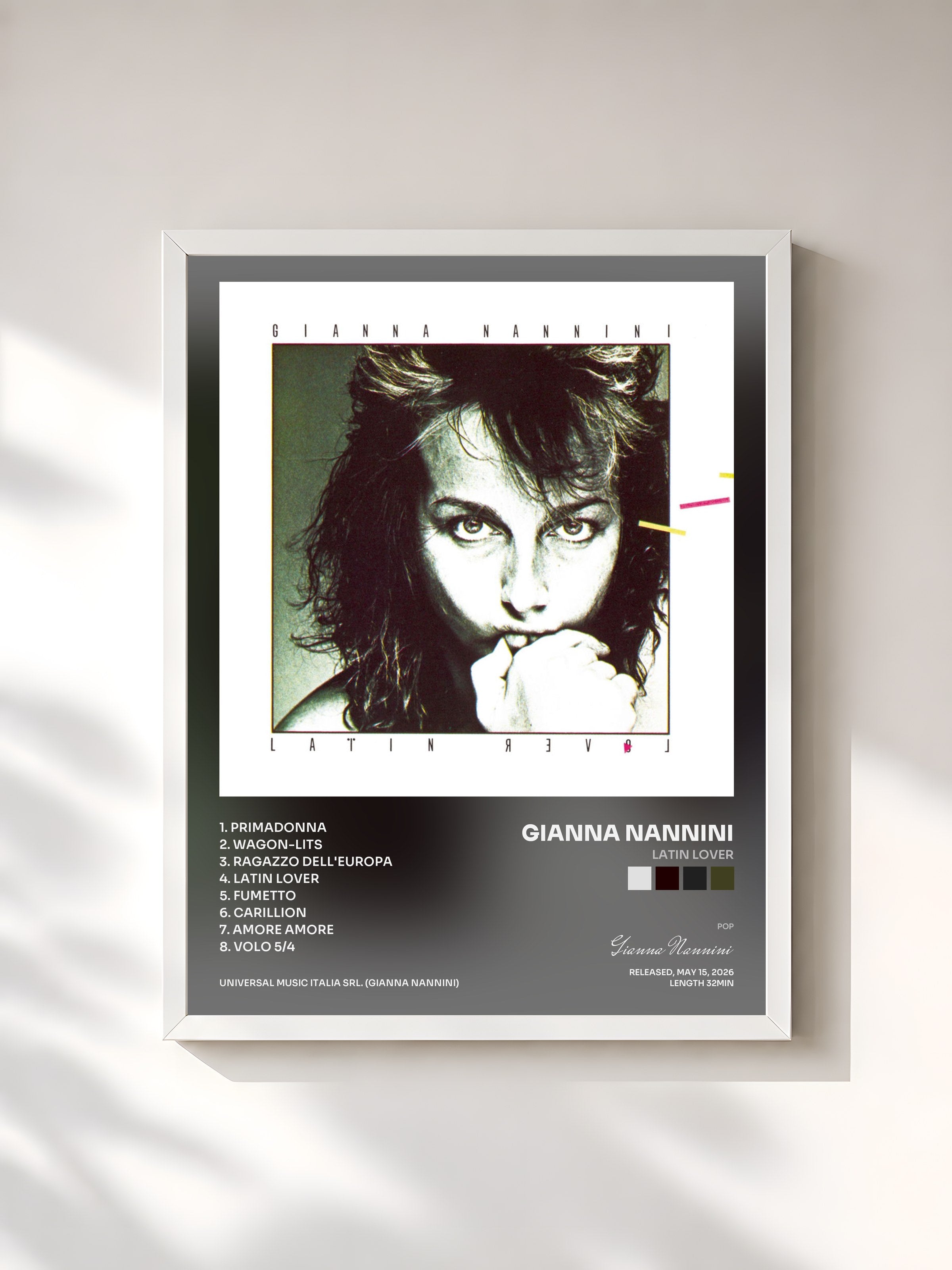 #blanc Tableau de l'album Latin Lover de Gianna Nannini, cadre blanc, imprimé et encadré en France