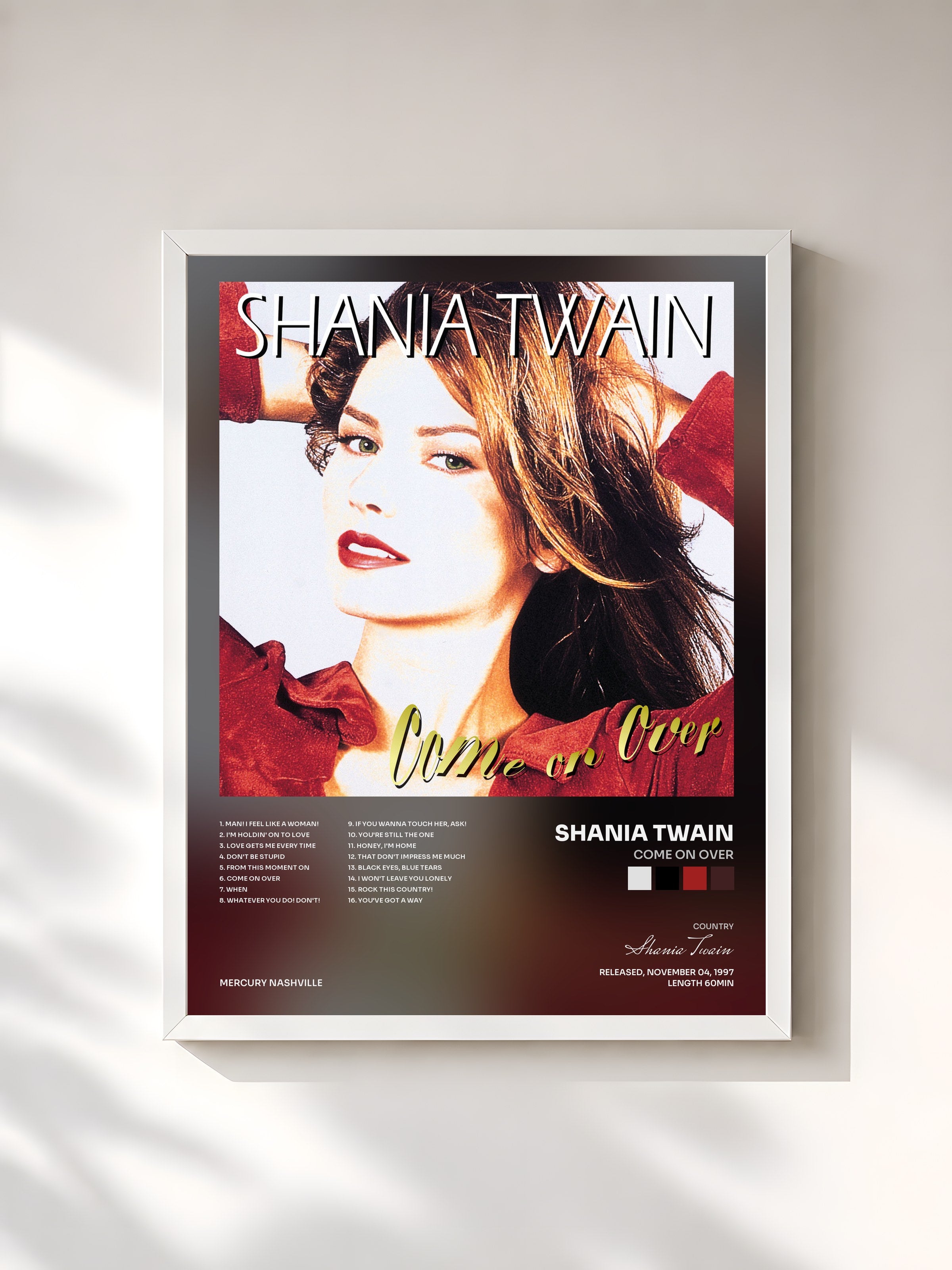 #blanc Tableau de l'album Come On Over de Shania Twain, cadre blanc, imprimé et encadré en France