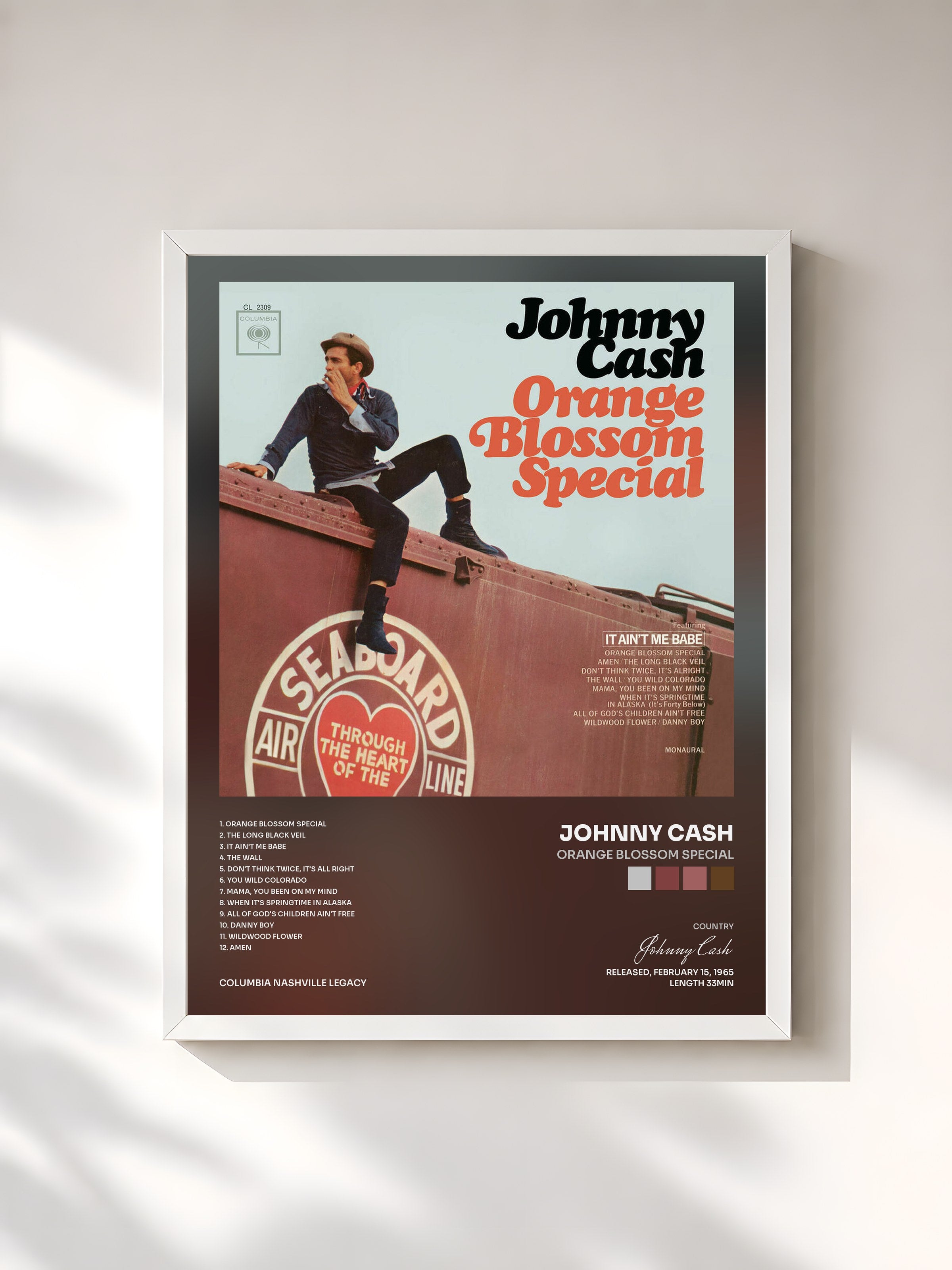 #blanc Tableau de l'album Orange Blossom Special de Johnny Cash, cadre blanc, imprimé et encadré en France
