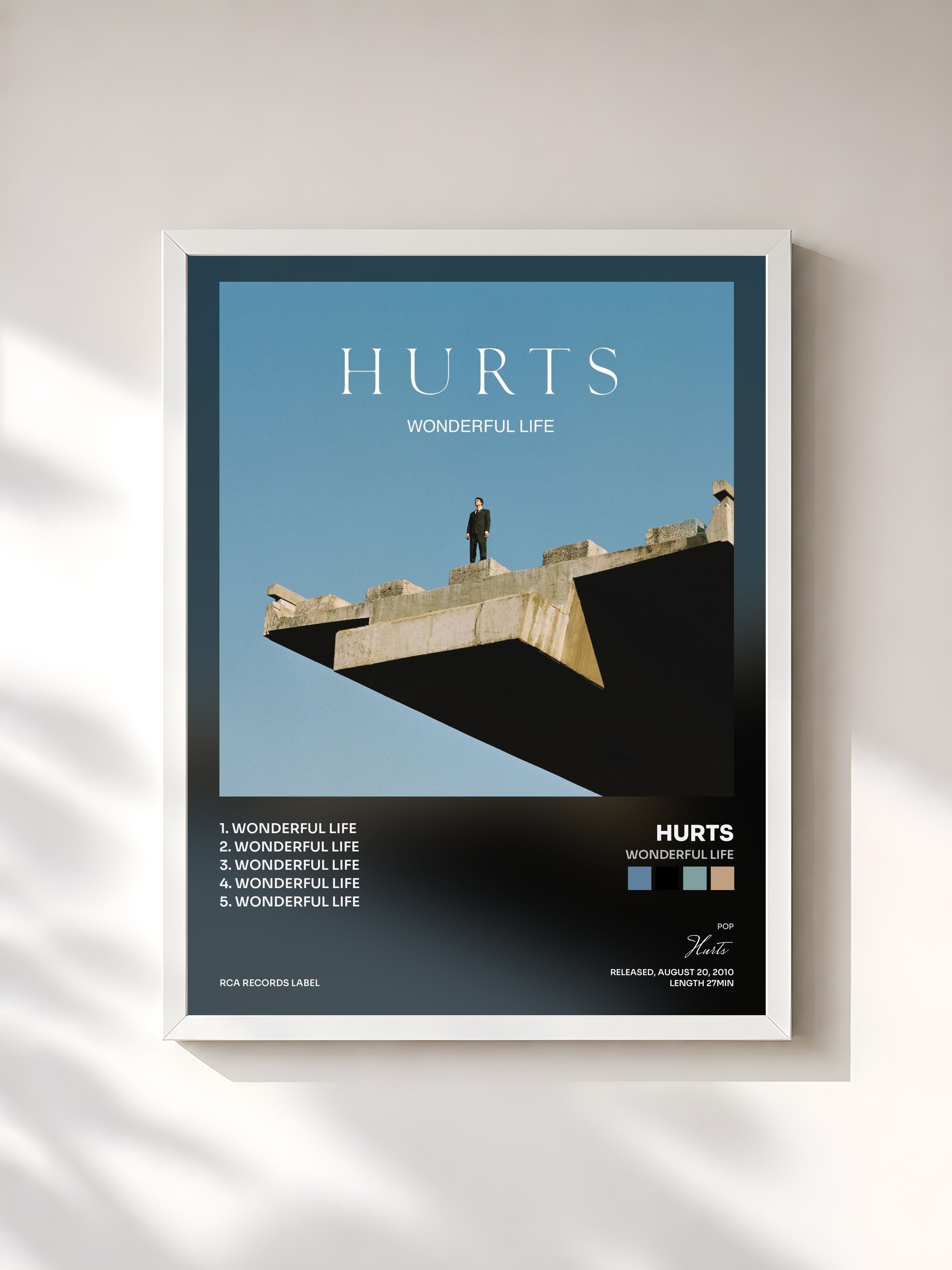 #blanc Tableau de l'album Wonderful Life de Hurts, cadre blanc, imprimé et encadré en France