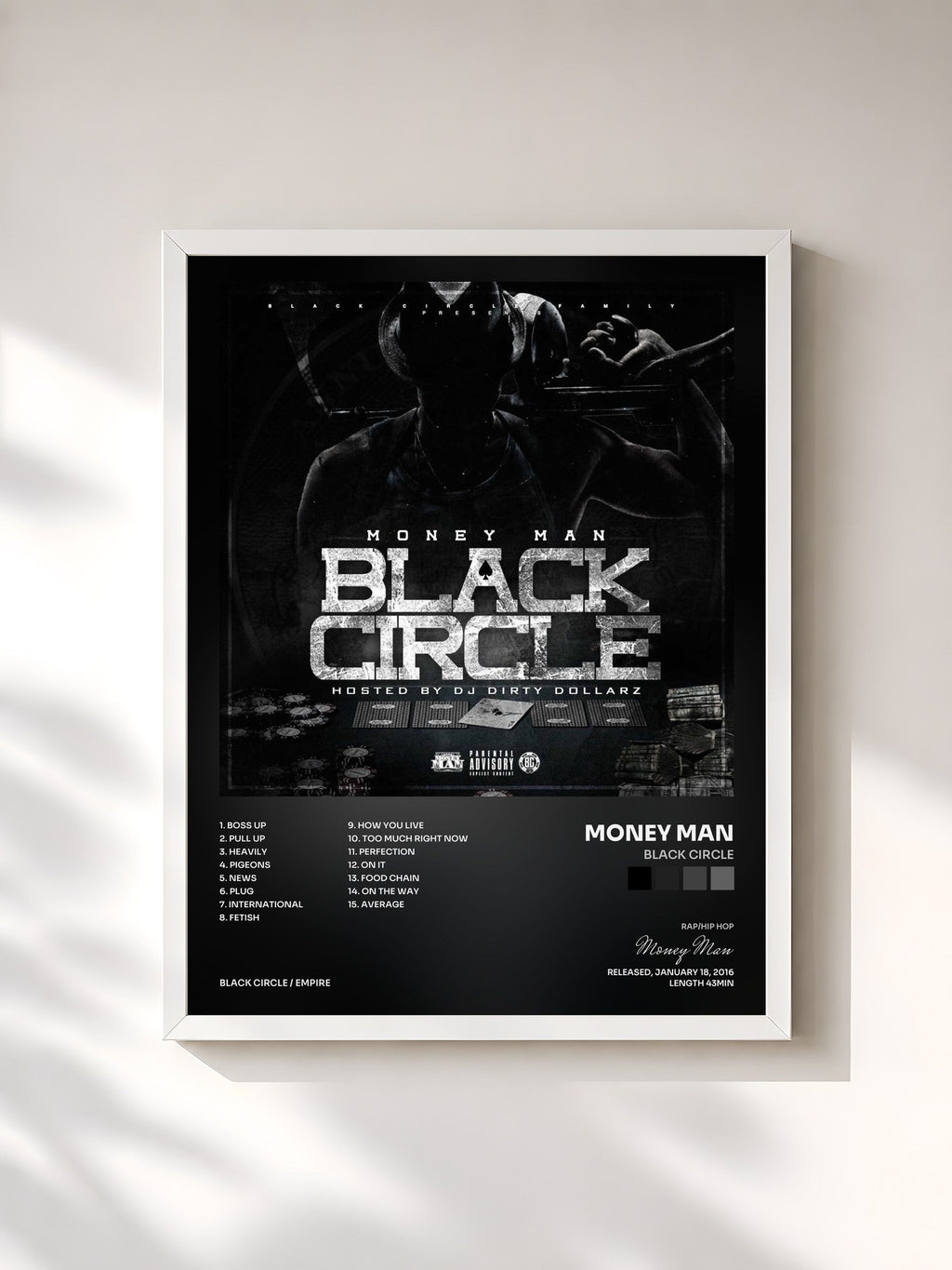 #blanc Black Circle de Money Man en lámina enmarcada, marco blanco, impresa y enmarcada en Francia