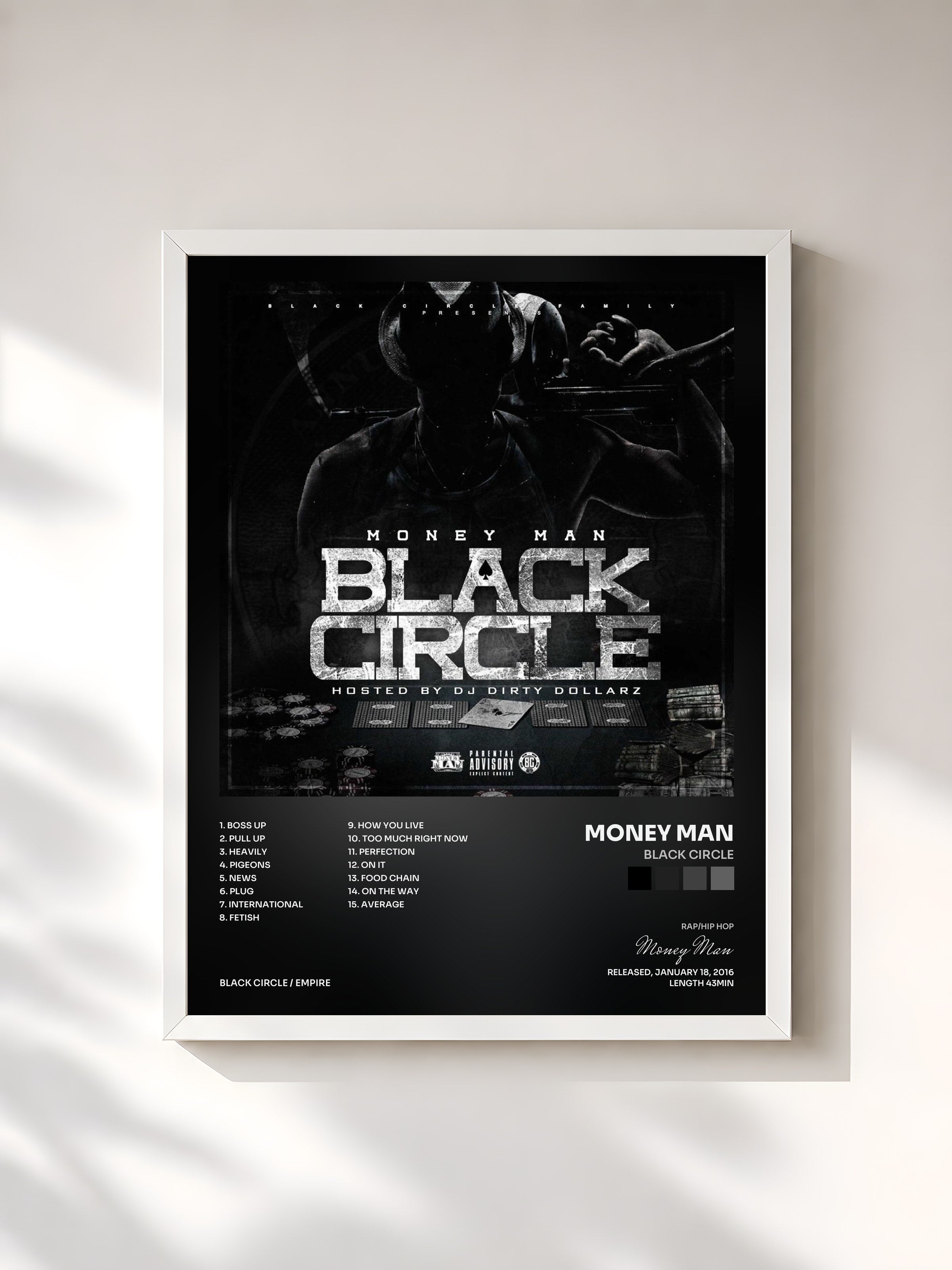 #blanc Tableau de l'album Black Circle de Money Man, cadre blanc, imprimé et encadré en France